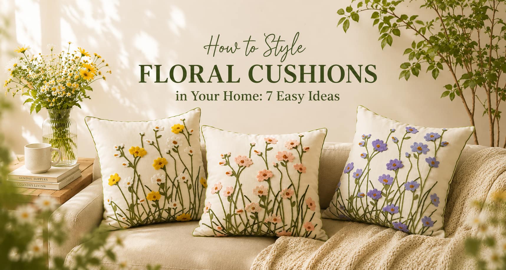 Floral embroidered cushions styled on a cosy sofa