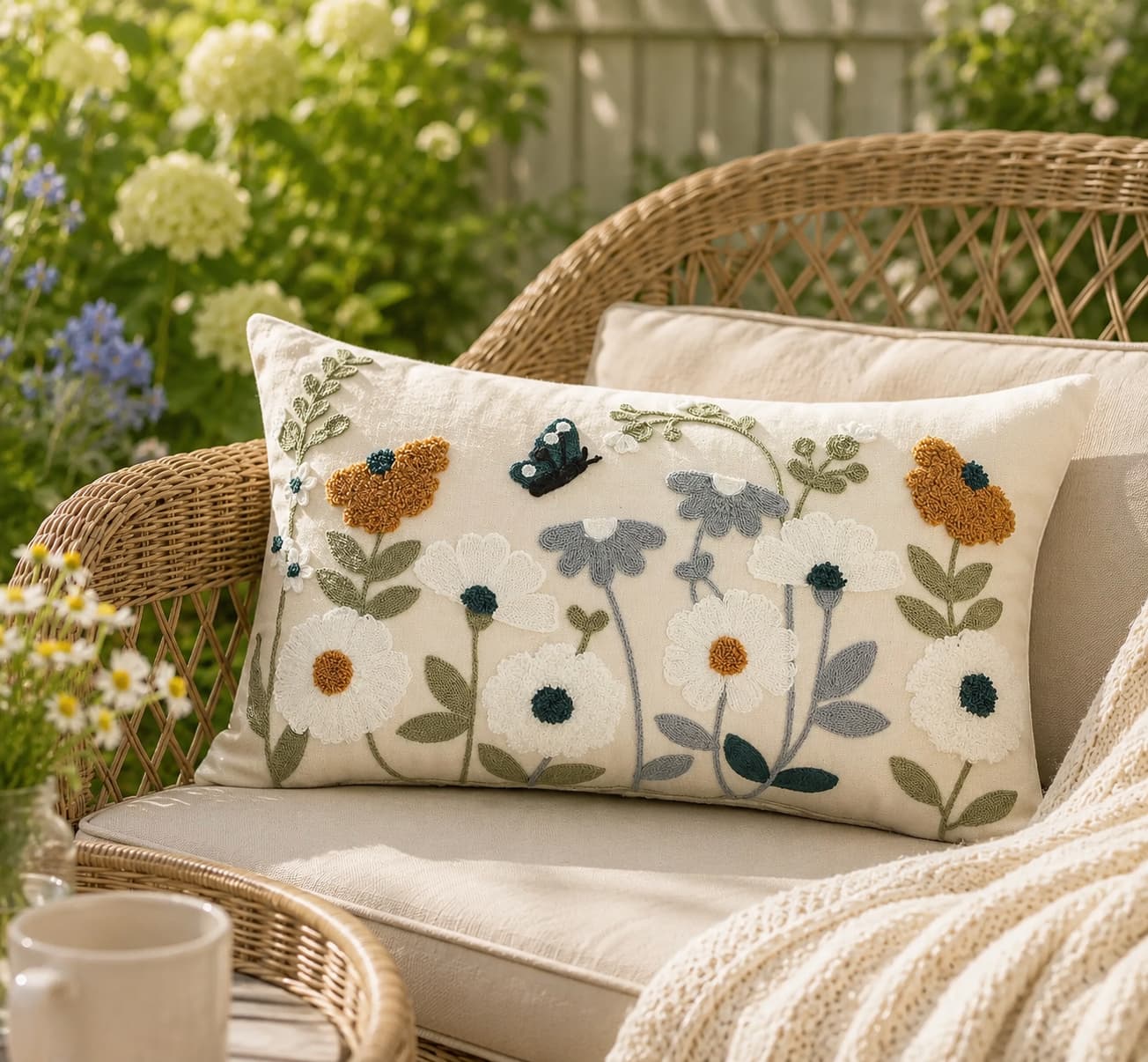 Embroidered floral cushion covers featuring cottage garden flowers in a cosy outdoor setting