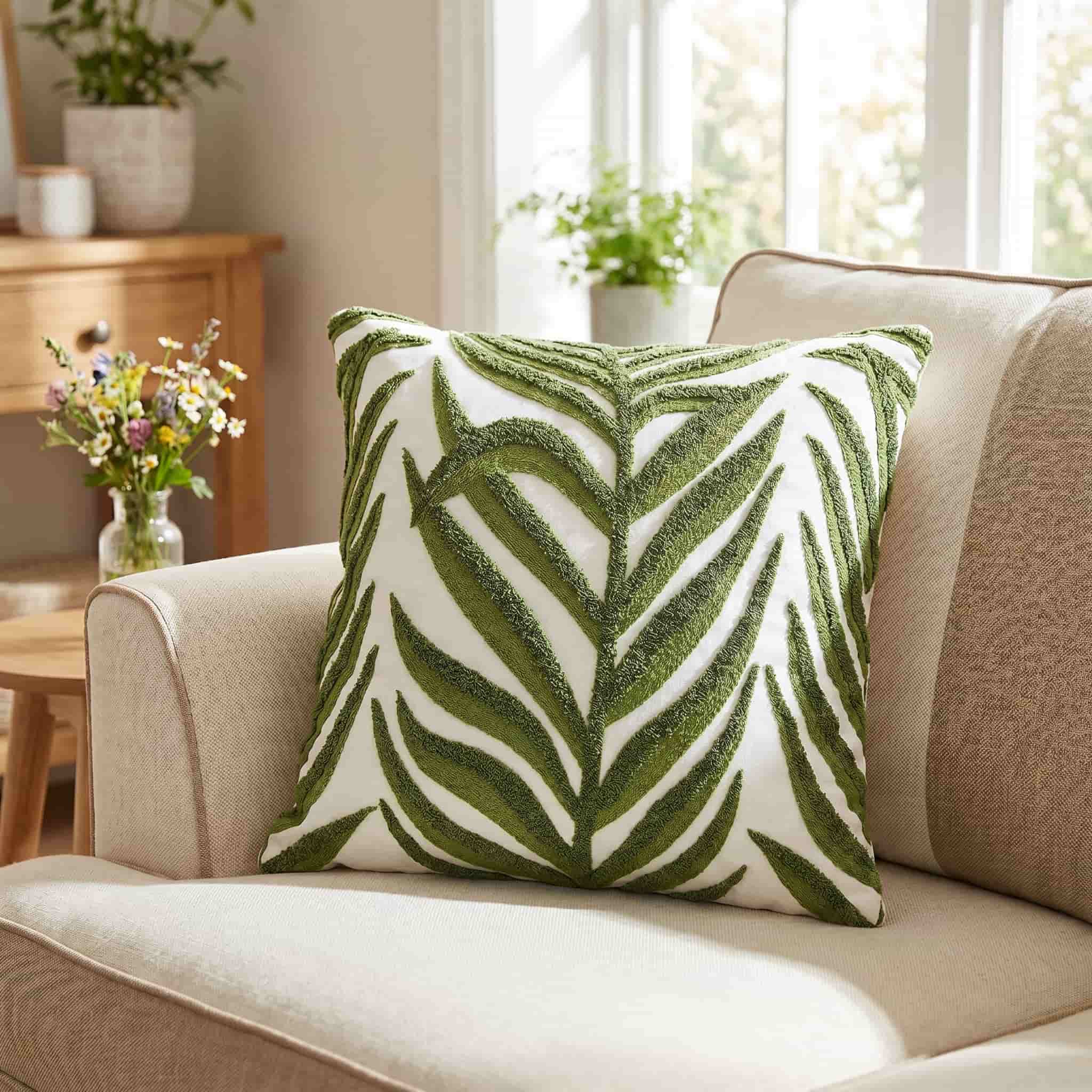 Green palm leaf tufted throw pillow with textured embroidery sitting on a beige fabric sofa, styled in a bright, sunlit living room with plants and flowers in the background.