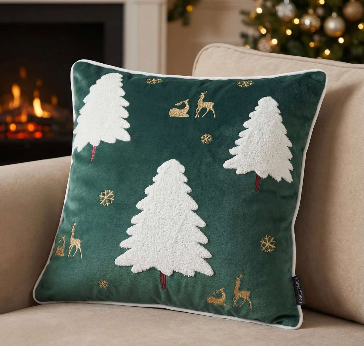 Dark Green Christmas Trees Embroidered Cushion