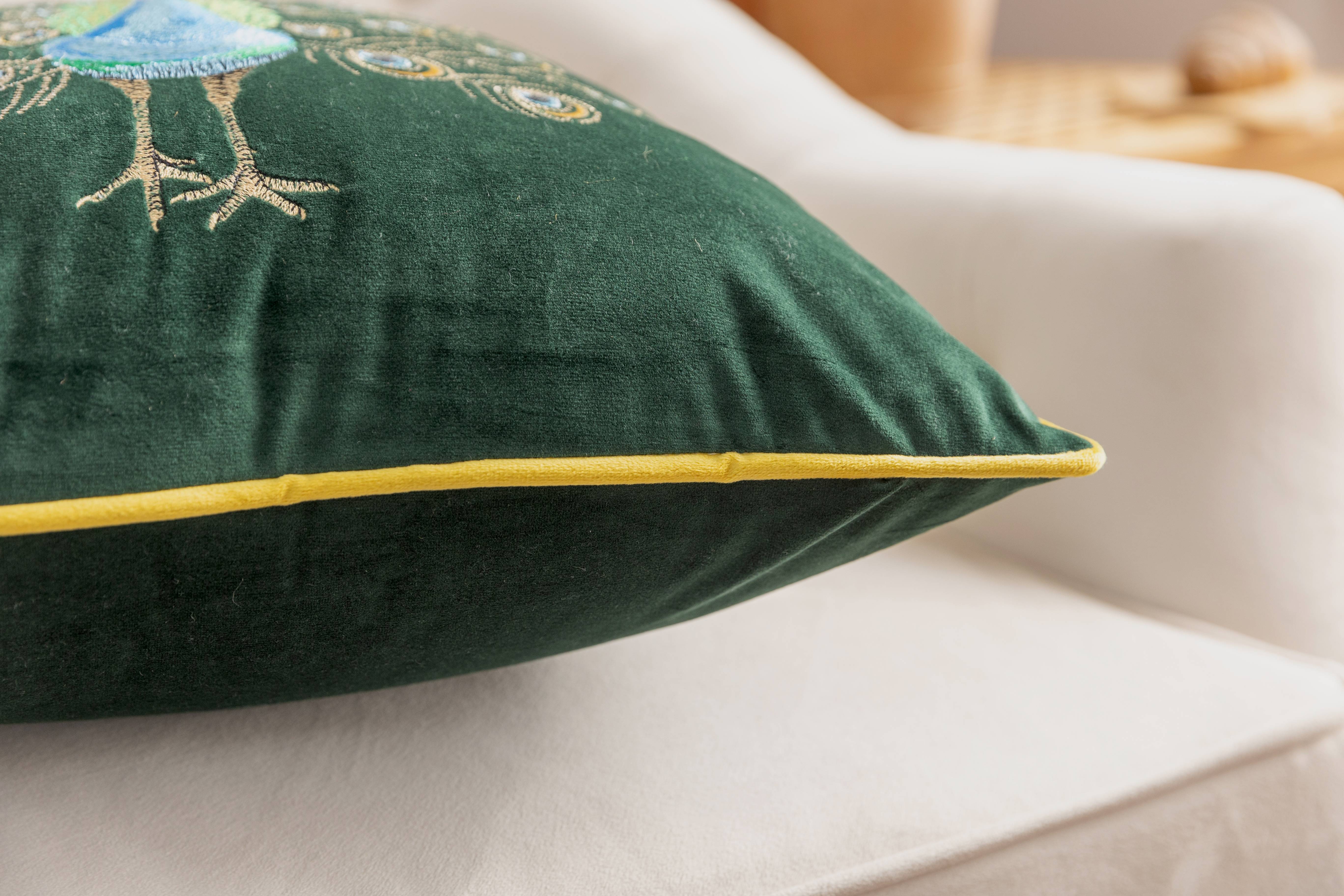 Dark green Peacock Embroidery Velvet Cushion Cover