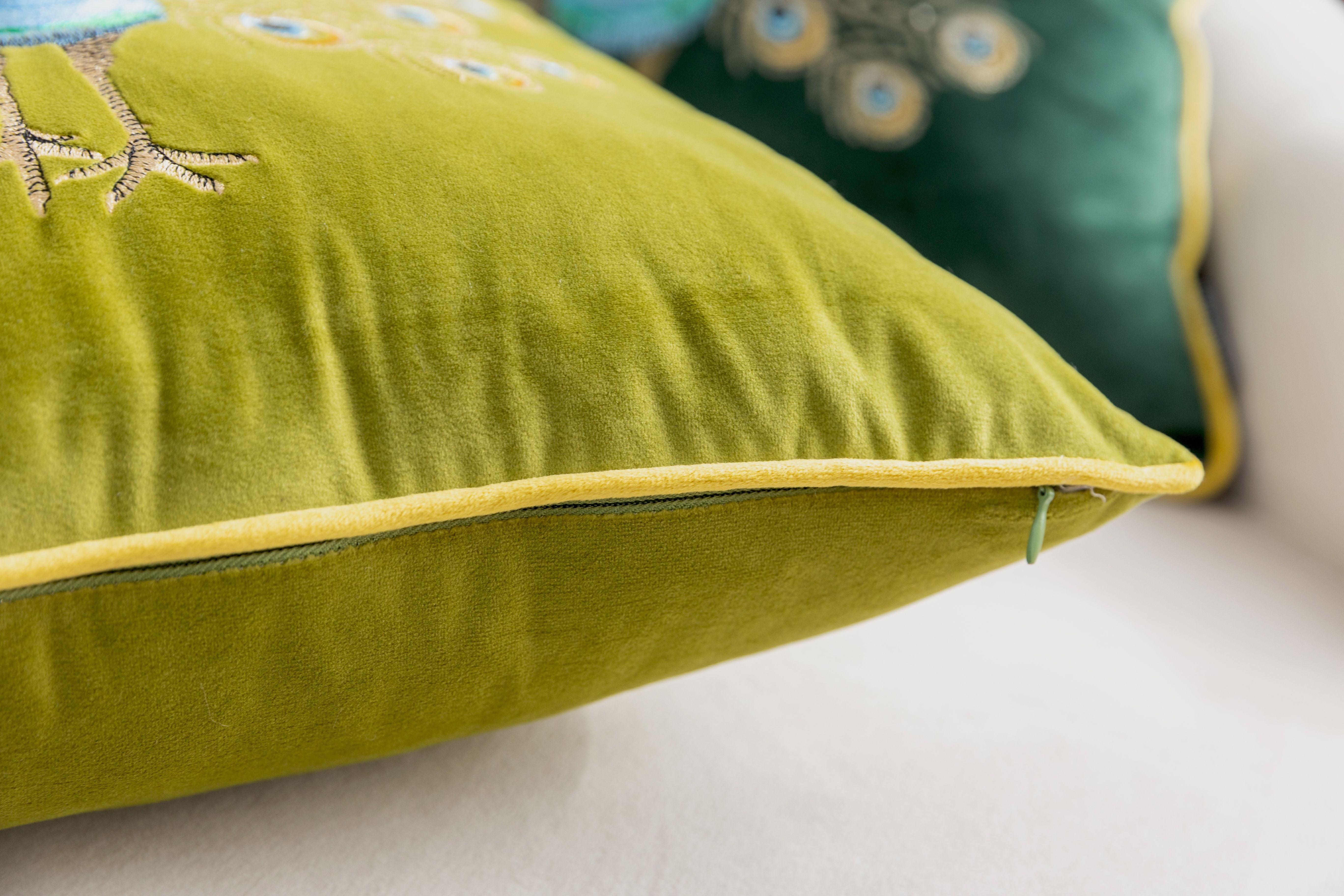 Green Embroidered Peacock Cushion Cover
