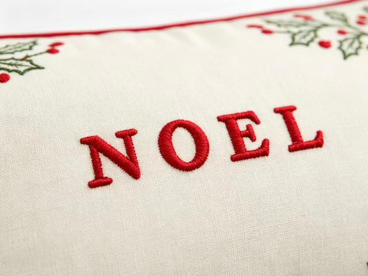 Noel Christmas Lumbar Pillow Cover | Holly Berry Embroidered Rectangular Cushion Cover