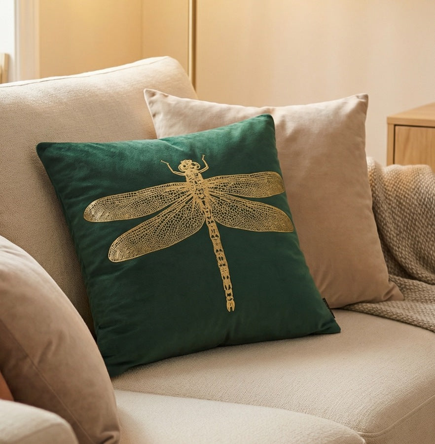 Velvet Gold Foil Dragonfly Cushion Cover 45x45cm – Black / Navy / Dark Green