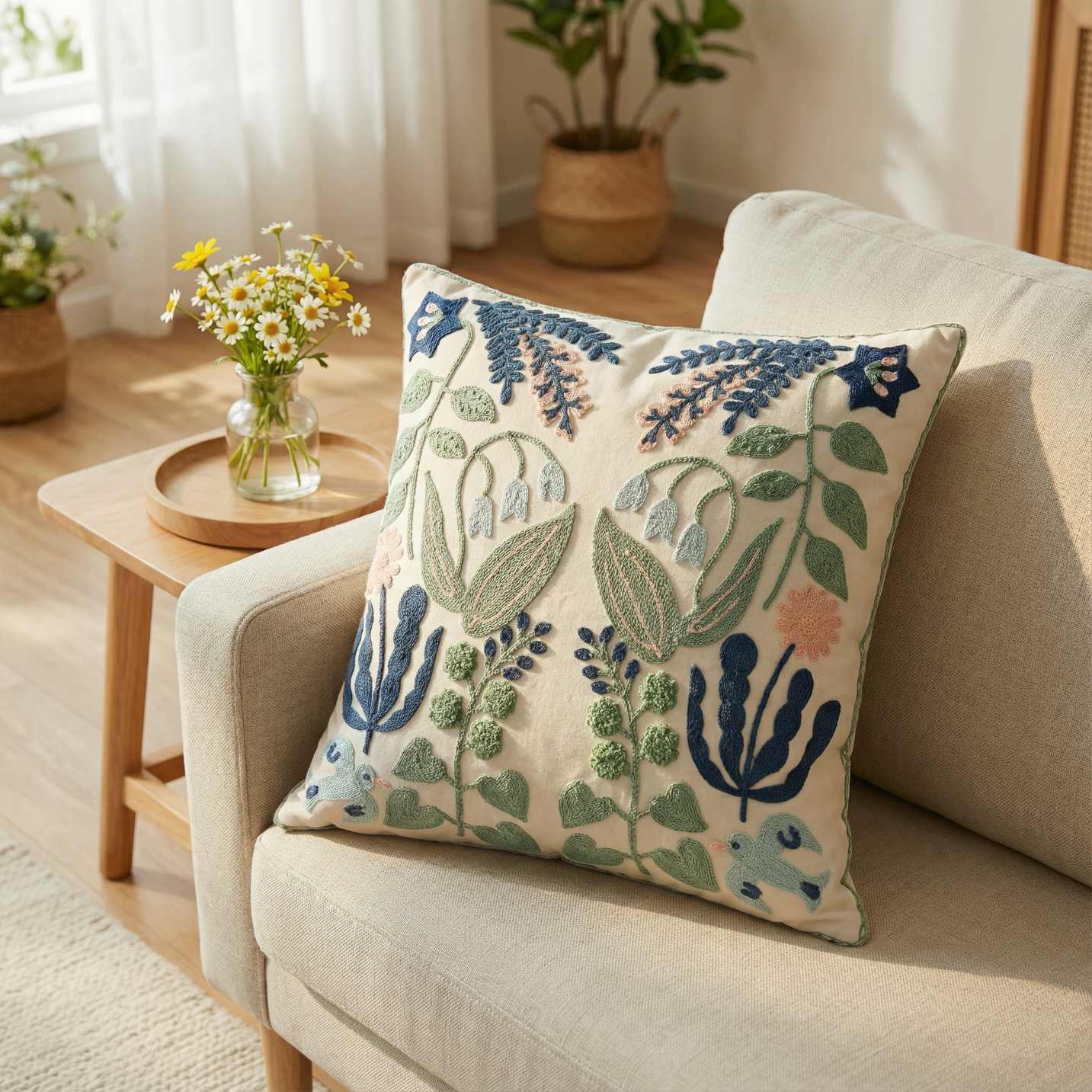 Colorful Floral Embroidered Cushion Cover – Cotton Canvas