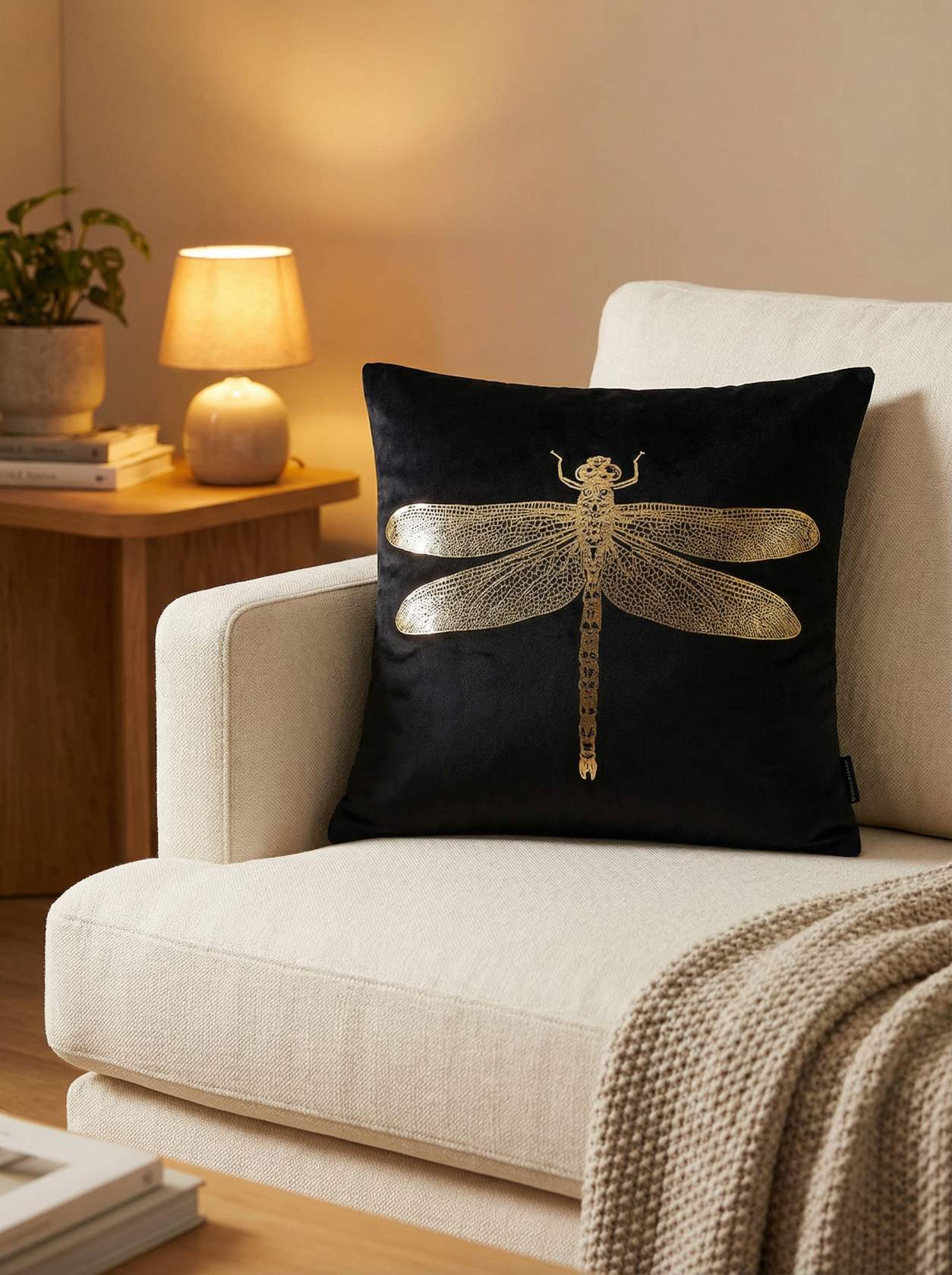 Velvet Gold Foil Dragonfly Cushion Cover 45x45cm – Black / Navy / Dark Green