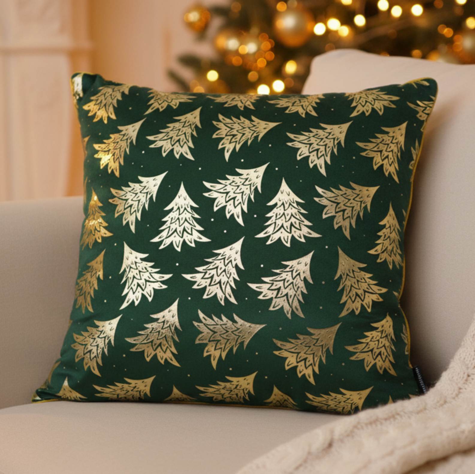 Christmas Foil-Printed Velvet Cushion with gold pipped edge
