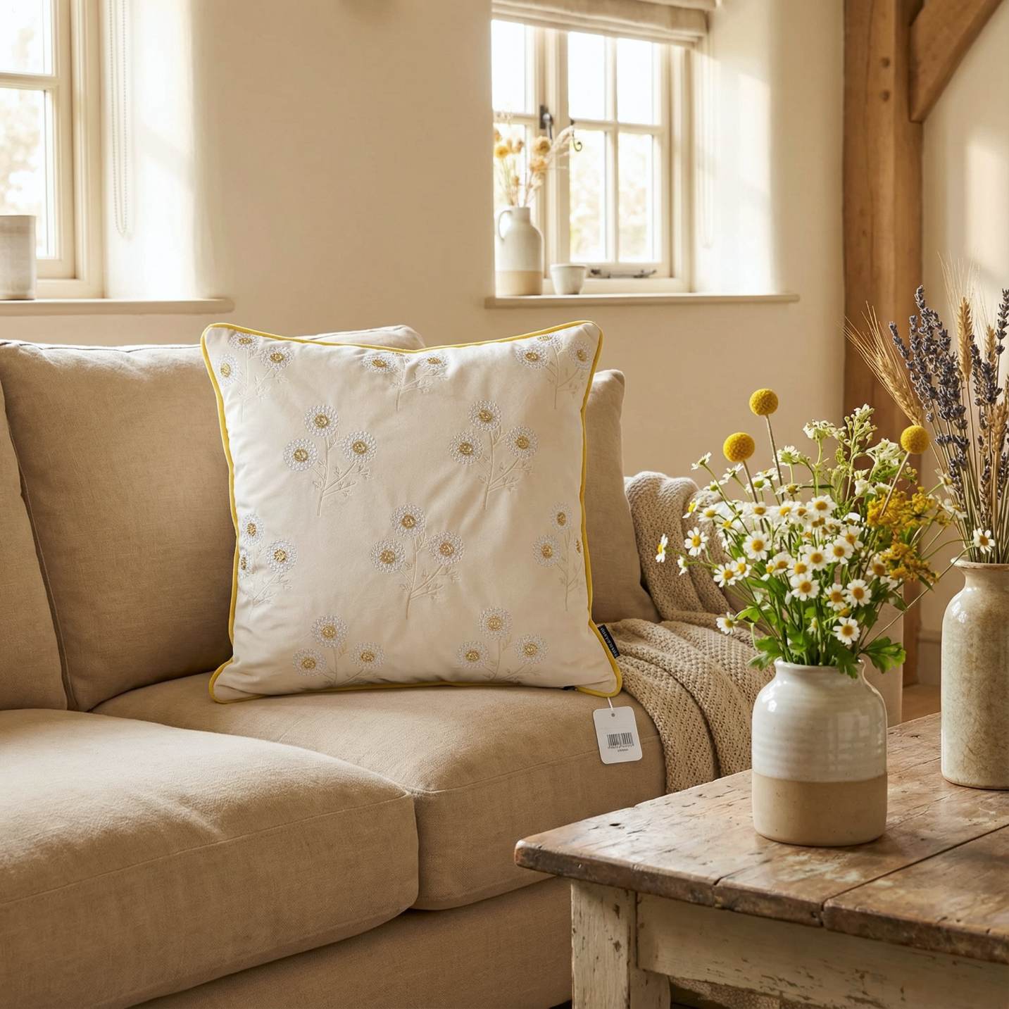 Daisy Floral Embroidered With Beads Cushion Cover