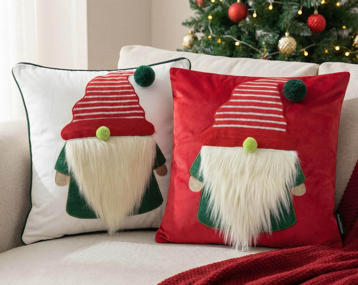 Red Christmas Gonk Embroidered Velvet Cushion