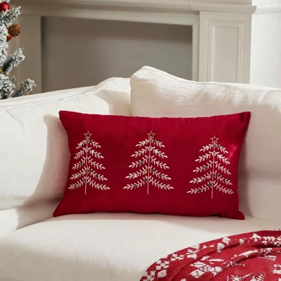 Red Velvet Christmas Tree Embroidered Throw Pillow Cover, Farmhouse Xmas Decor Cushion Cover for Sofa