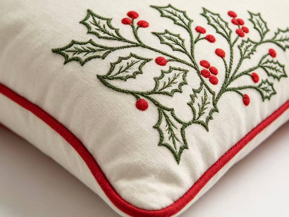 Noel Christmas Lumbar Pillow Cover | Holly Berry Embroidered Rectangular Cushion Cover