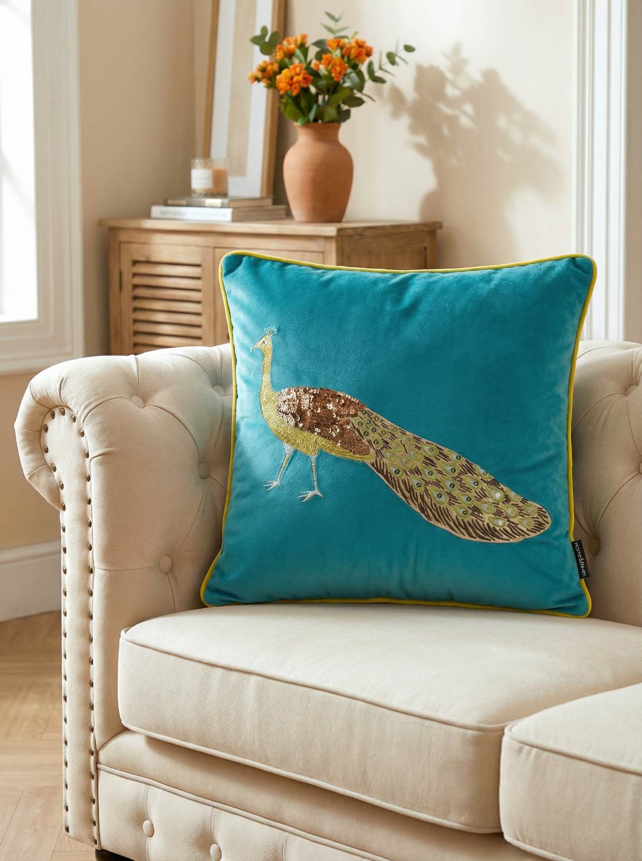 Blue Peacock Embroidery Velvet Cushion Cover