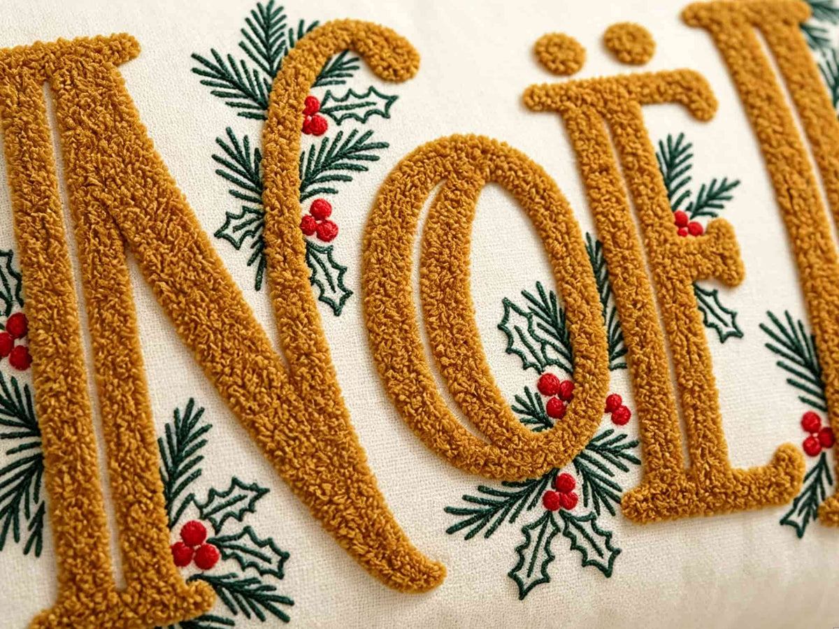 Noel Christmas Lumbar Pillow Cover | Tufted Holly Berry Embroidered Cushion Cover