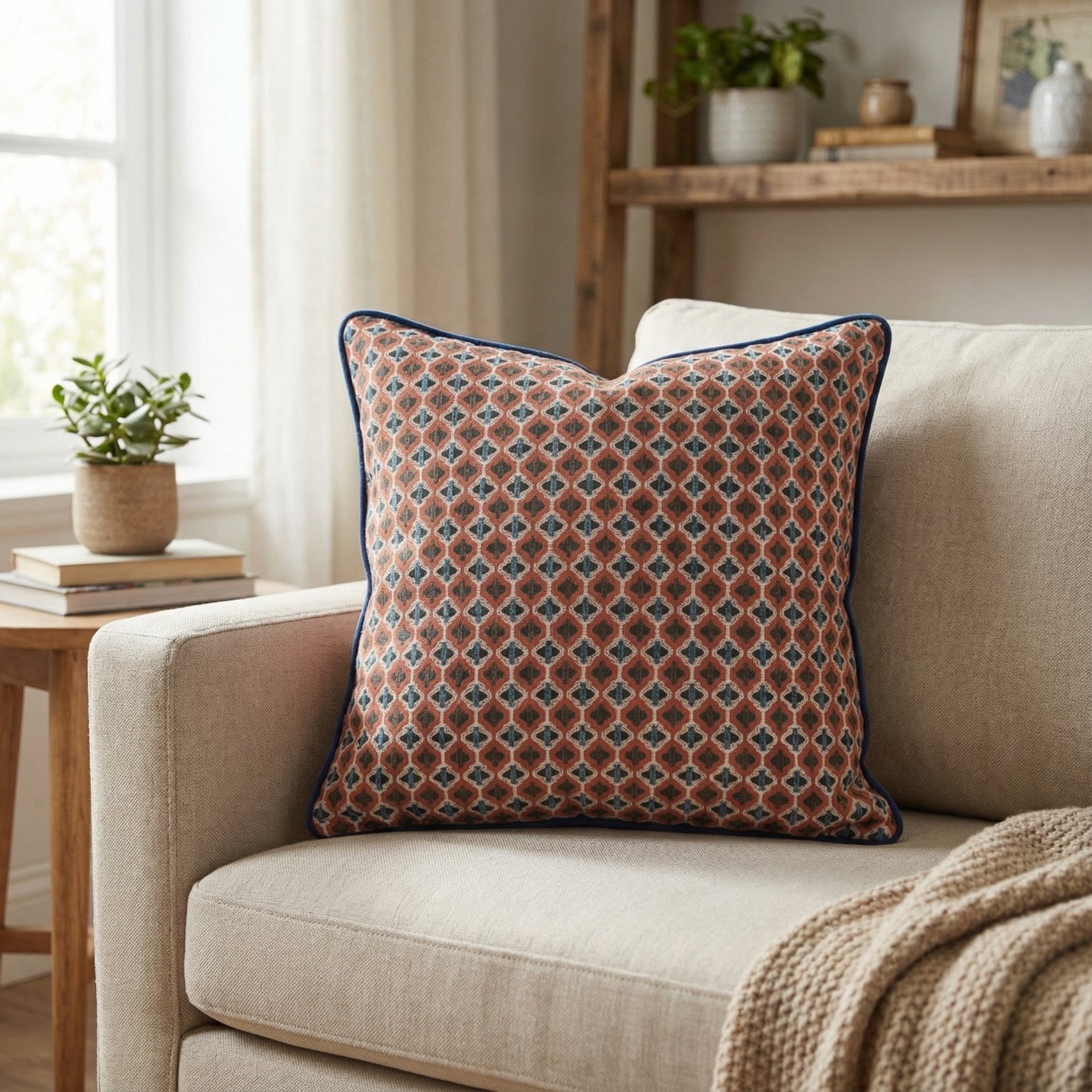 Geometric Cushion Cover 45x45cm – Rust & Blue Decorative Throw Pillow Case