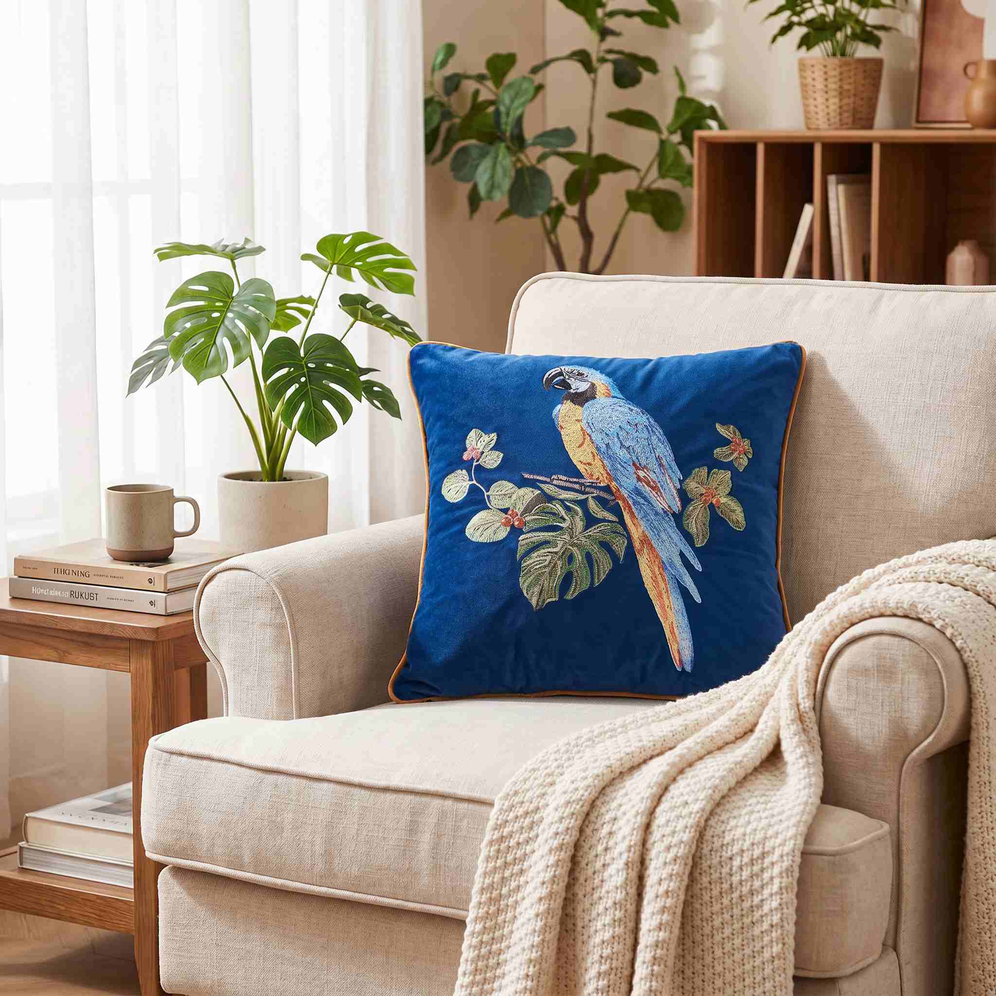 Parrot Embroidery Velvet Cushion Cover 45x45cm – Blue / Dark Green