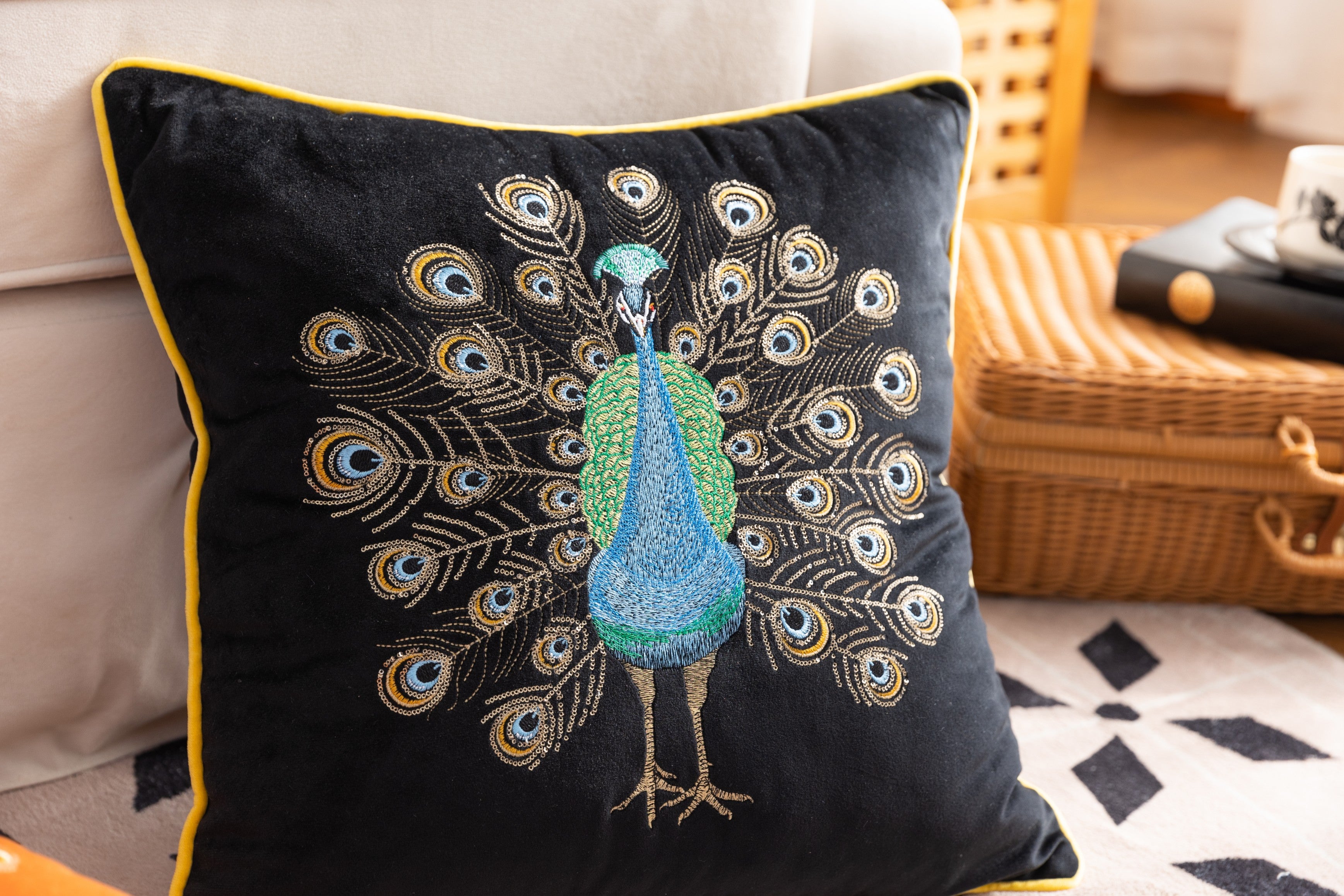 Black Peacock Embroidery Velvet Cushion Cover