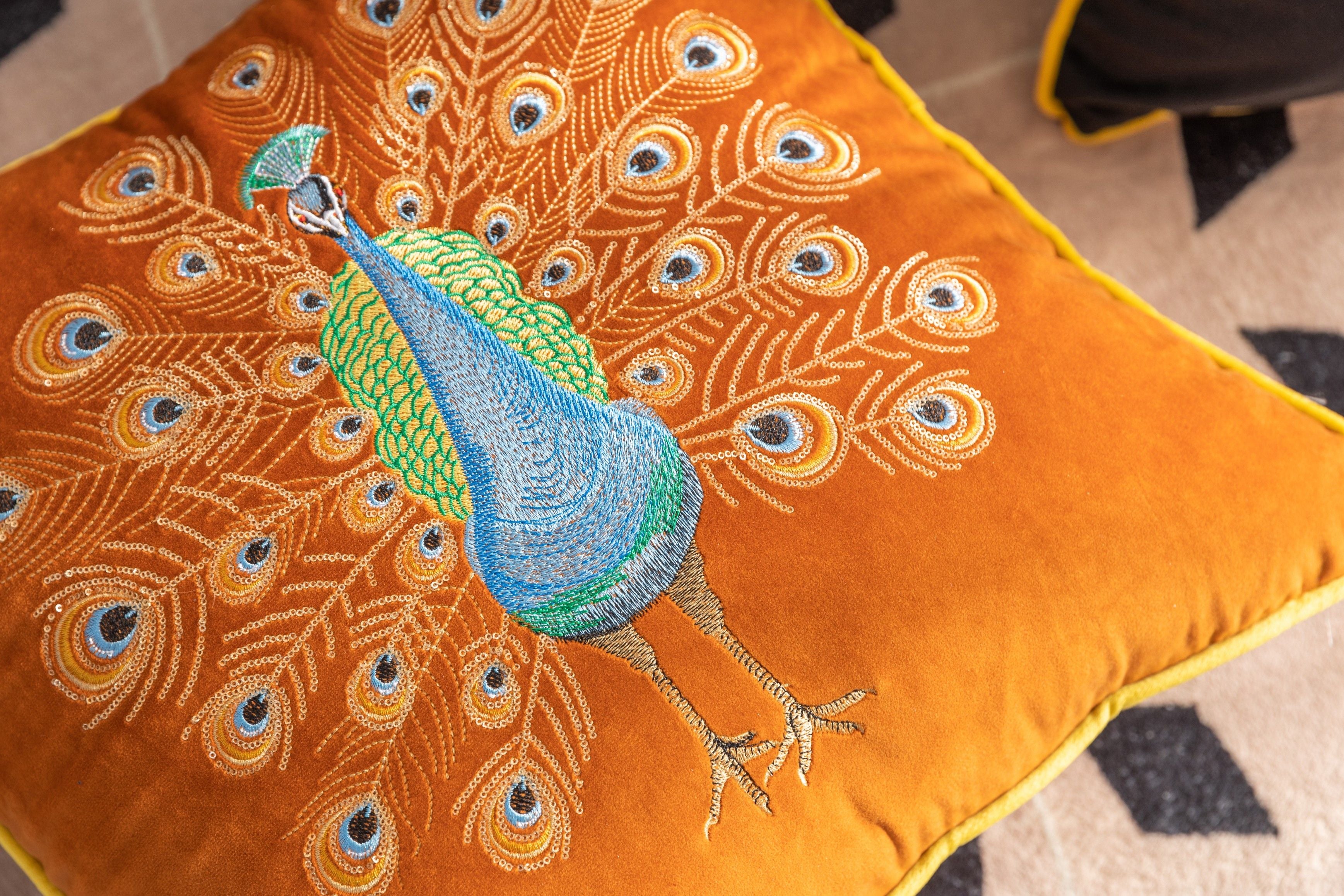 Orange Peacock Embroidery Velvet Cushion Cover