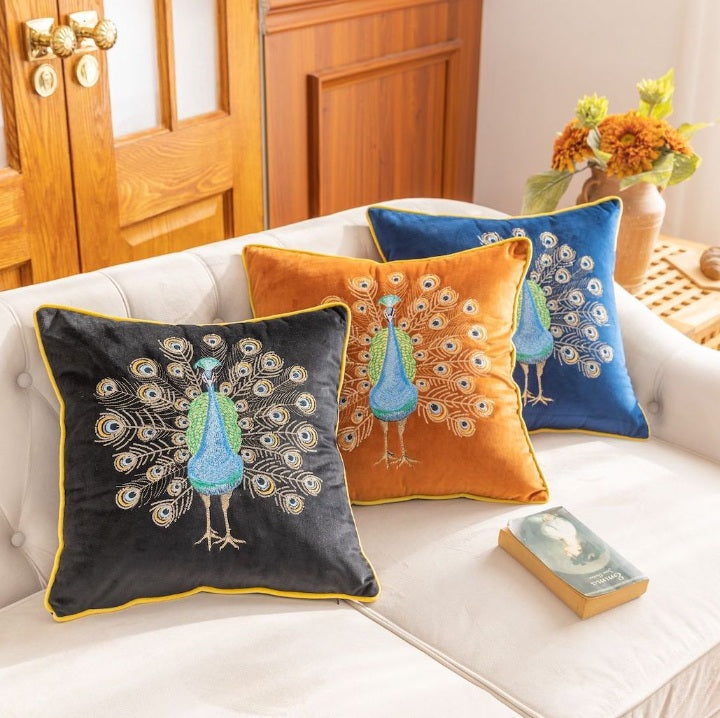 Black Peacock Embroidery Velvet Cushion Cover