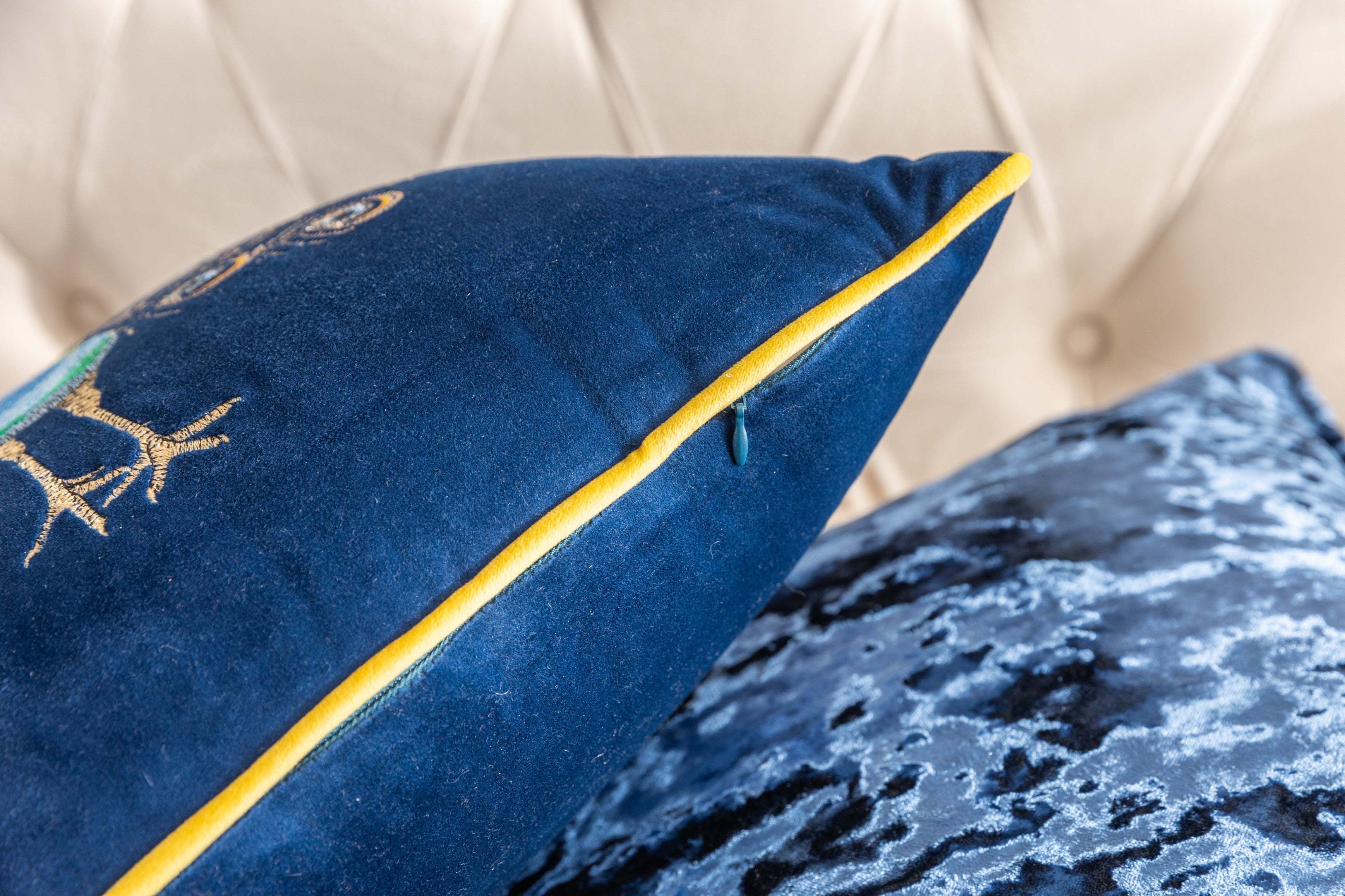 Navy Peacock Embroidery Velvet Cushion Cover