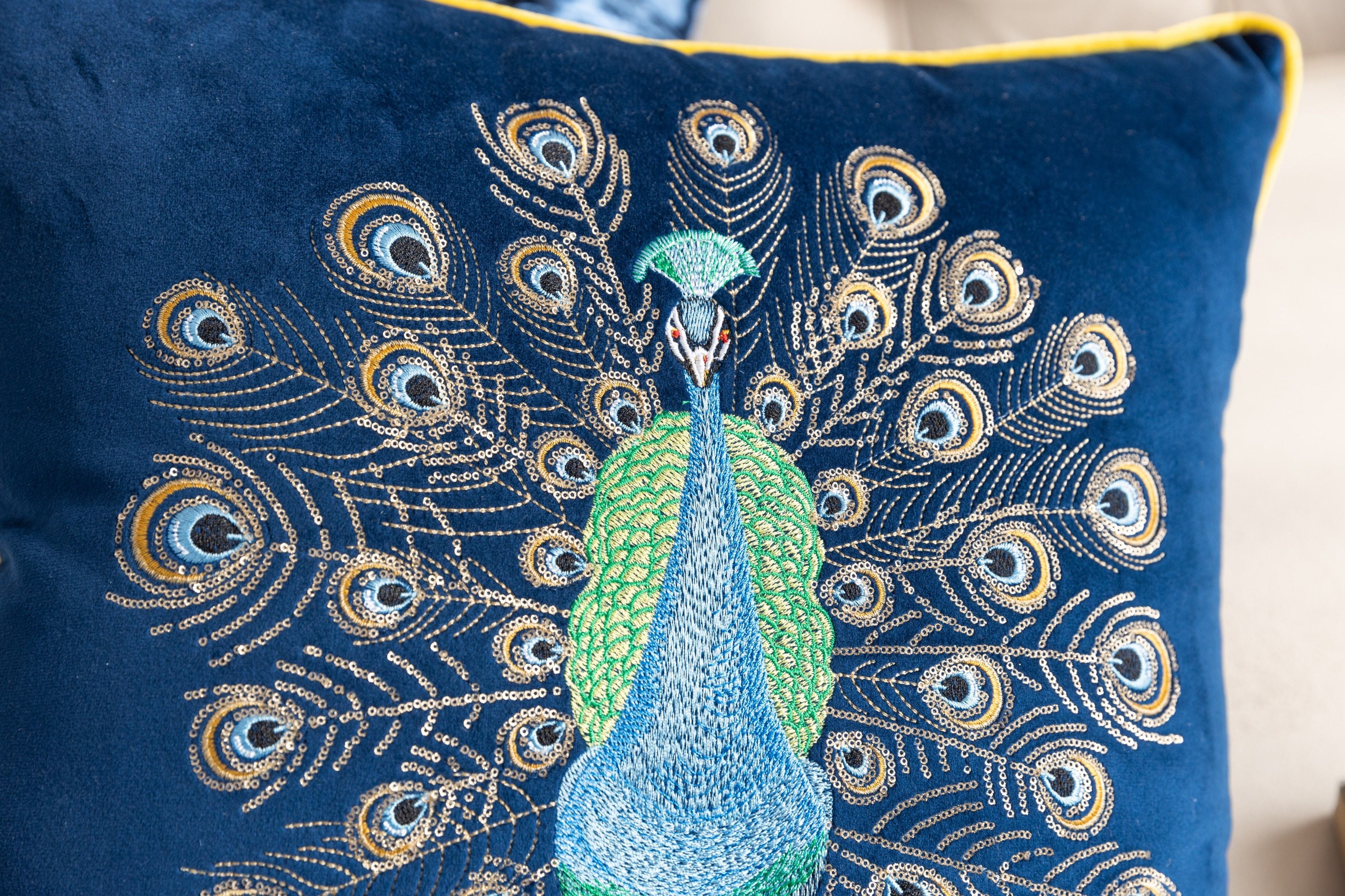 Navy Peacock Embroidery Velvet Cushion Cover