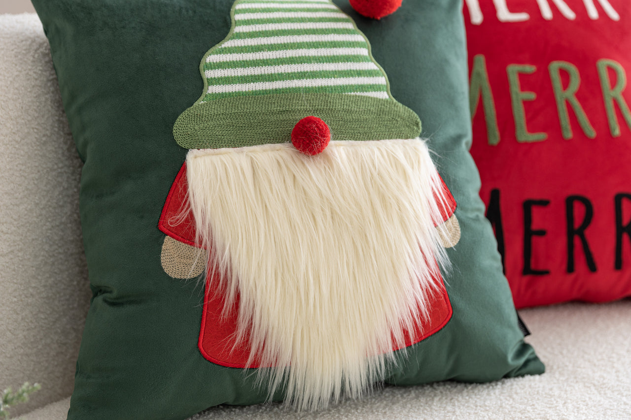 Dark Green Christmas Gonk Embroidered Velvet Cushion Cover