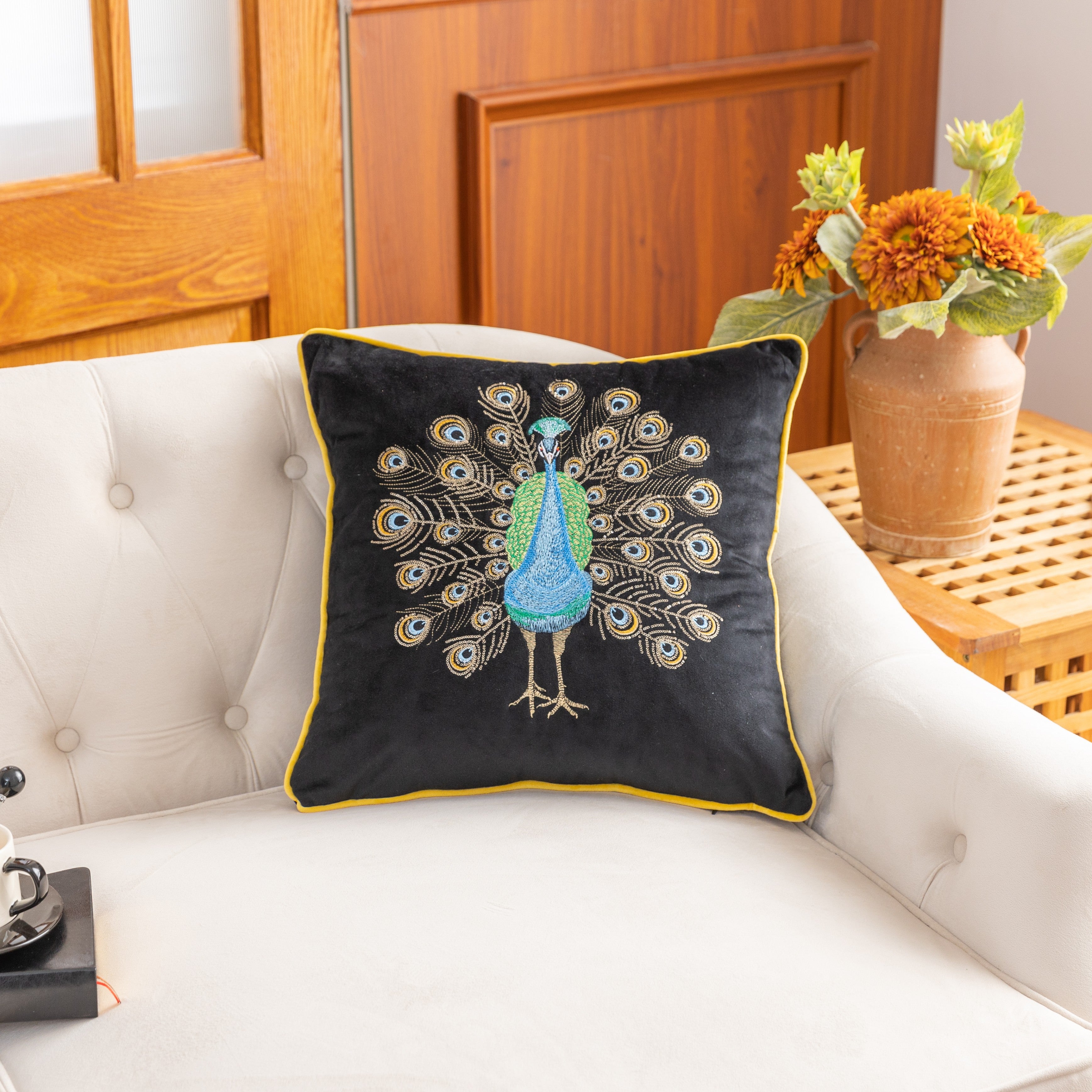 Black Peacock Embroidery Velvet Cushion Cover