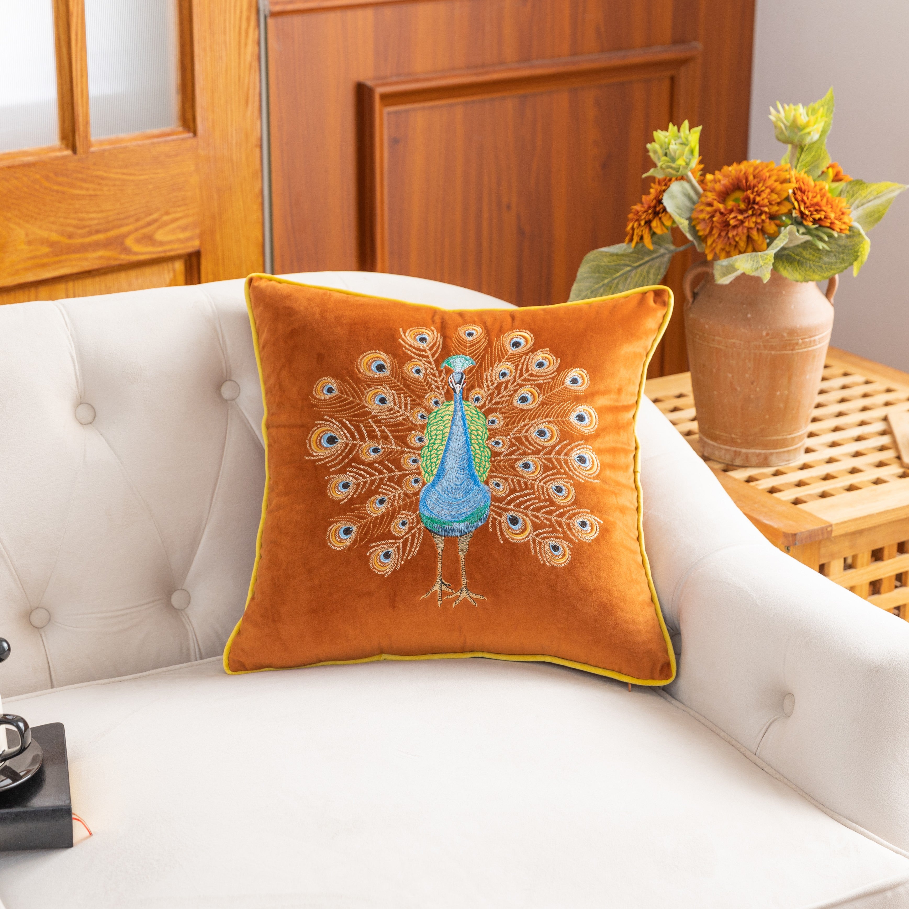 Orange Peacock Embroidery Velvet Cushion Cover