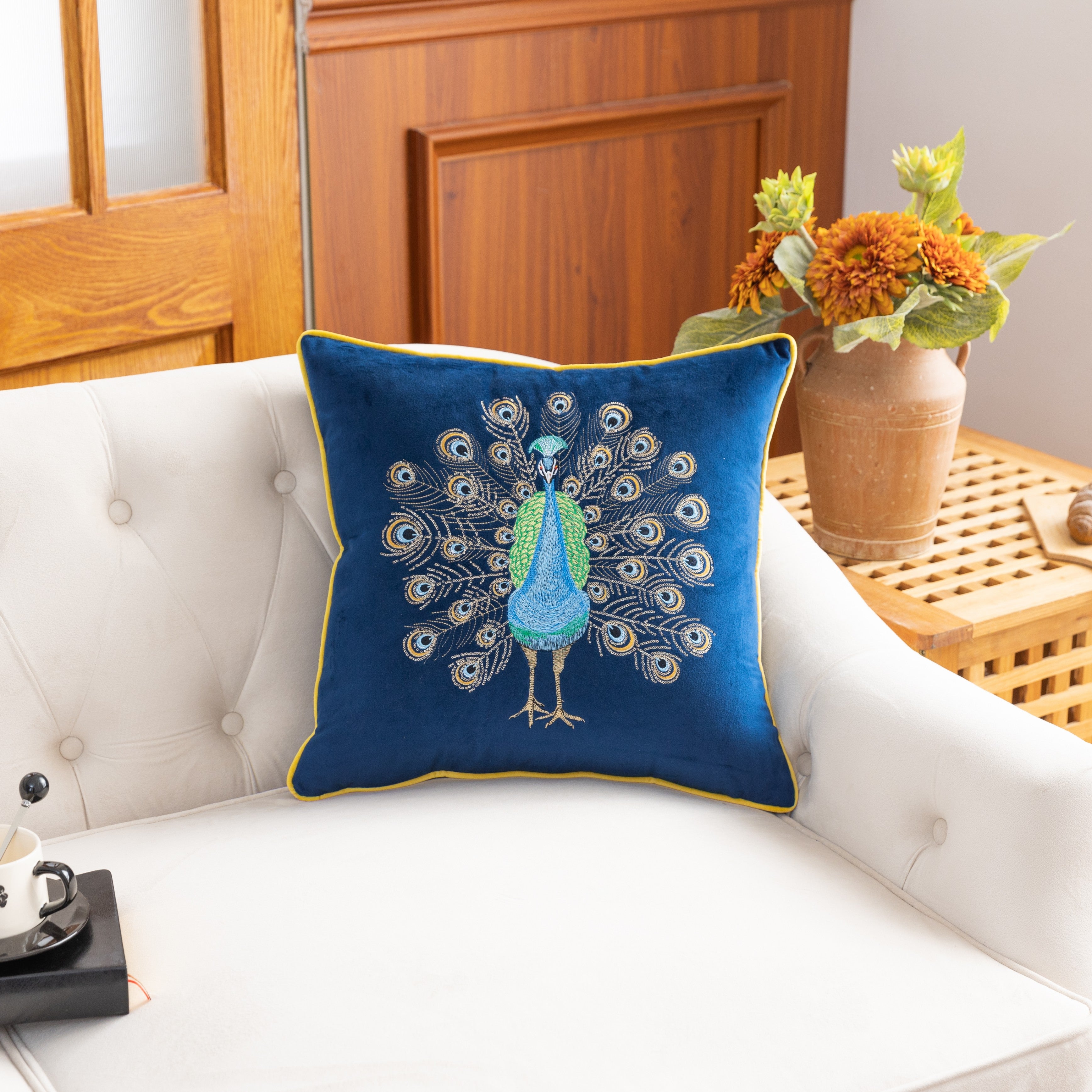 Navy Peacock Embroidery Velvet Cushion Cover