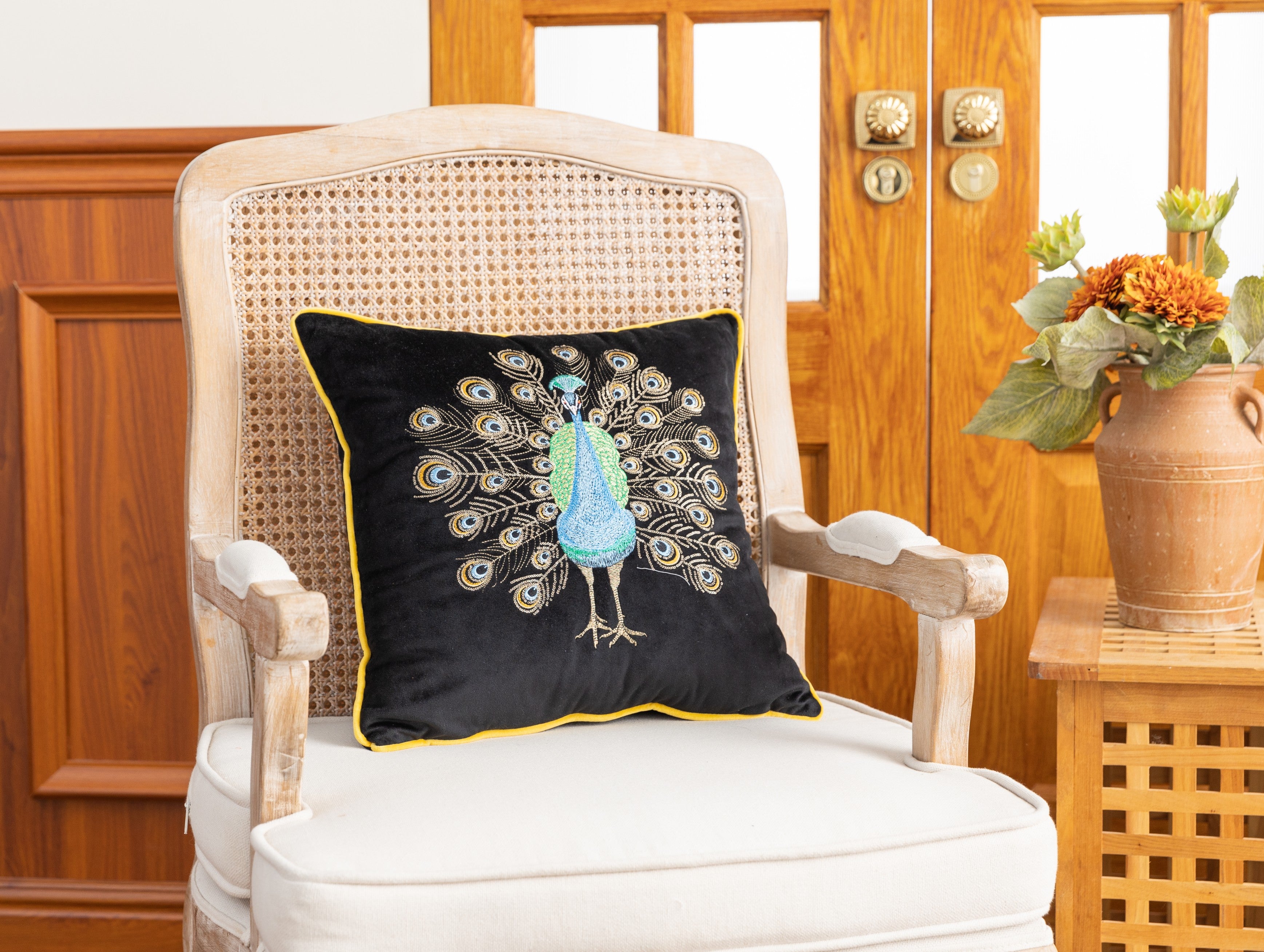 Black Peacock Embroidery Velvet Cushion Cover