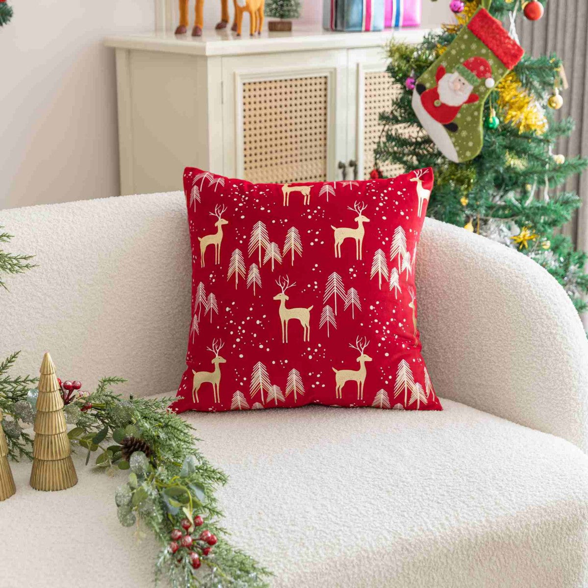 Christmas Deer Foil-Printed Velvet Cushion Cover