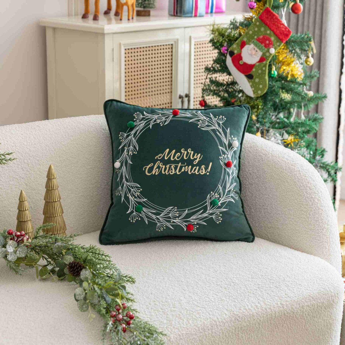Christmas Wreath Foil-Printed Velvet Cushion
