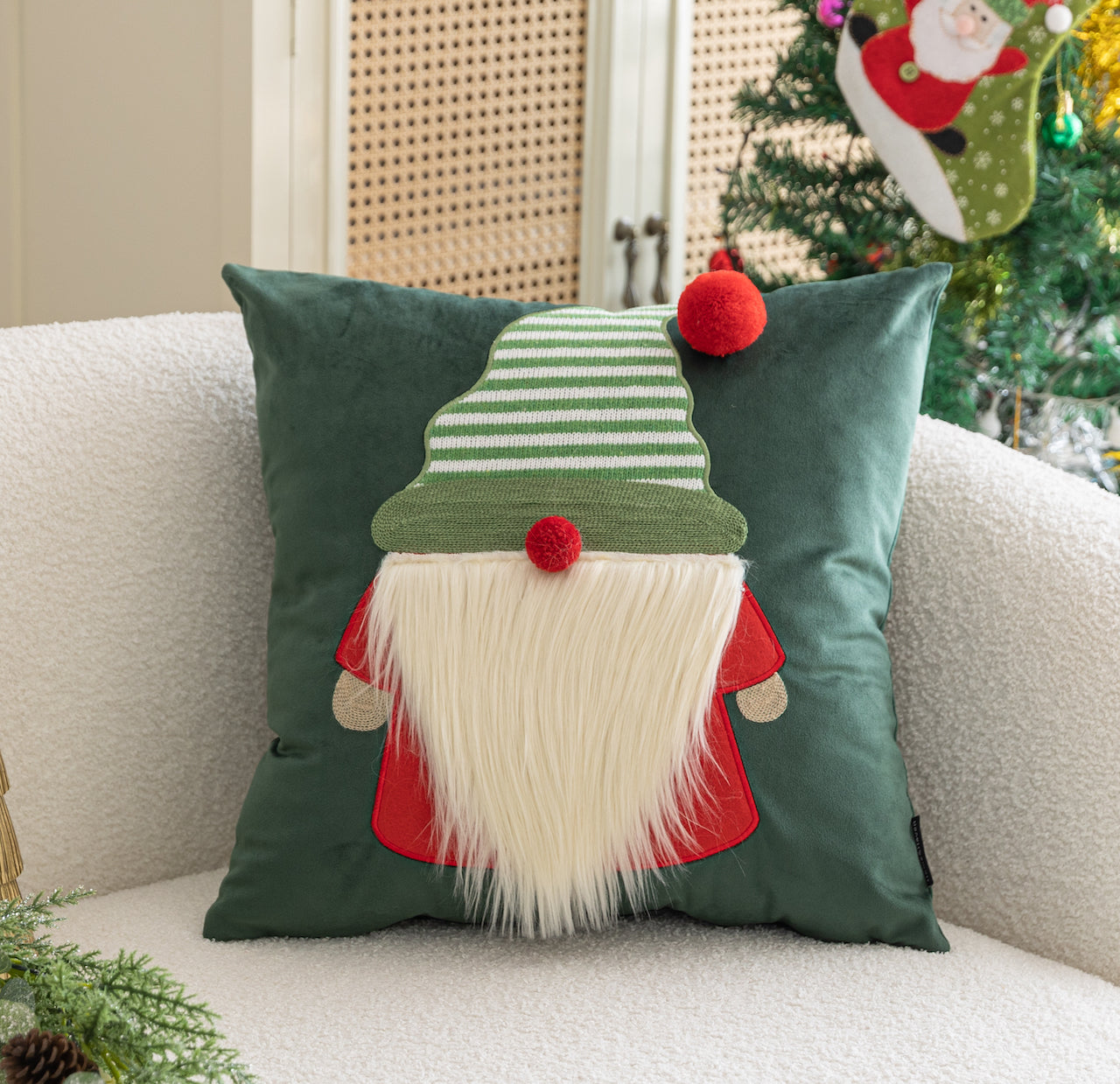 Dark Green Christmas Gonk Embroidered Velvet Cushion Cover