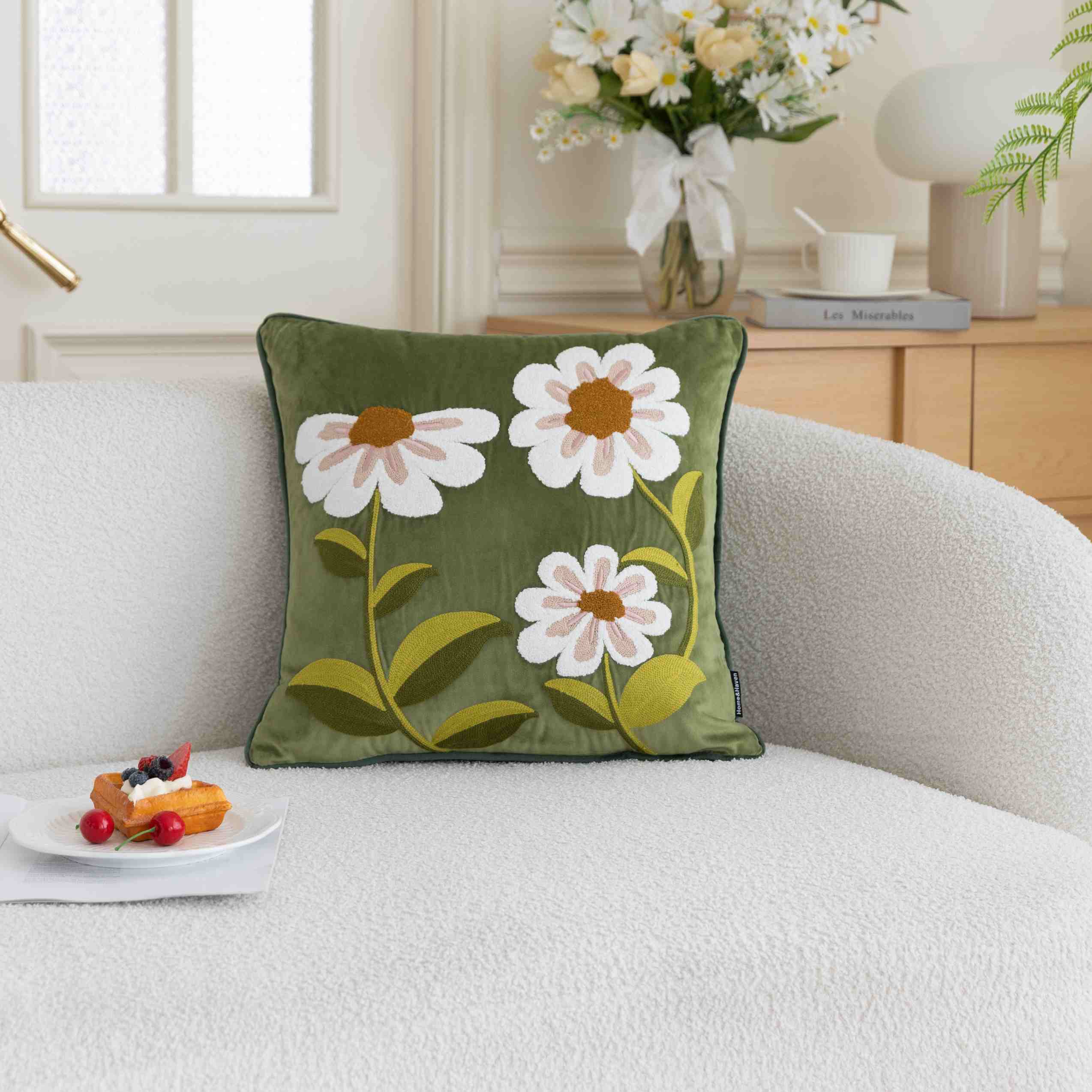 Daisy Floral Embroidered Cushion Cover –  with Piped Edge