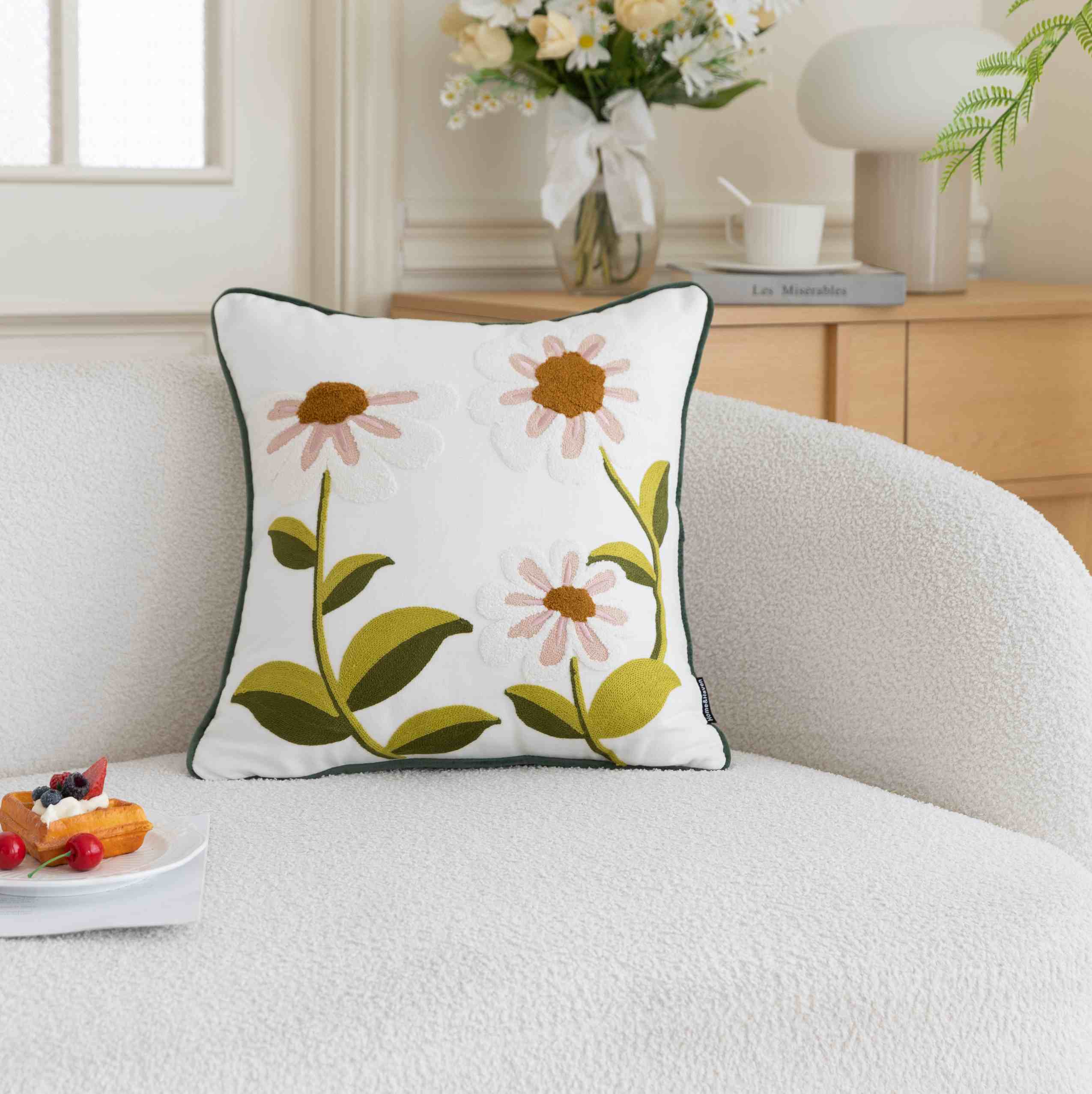 Daisy Floral Embroidered Cushion Cover –  with Piped Edge