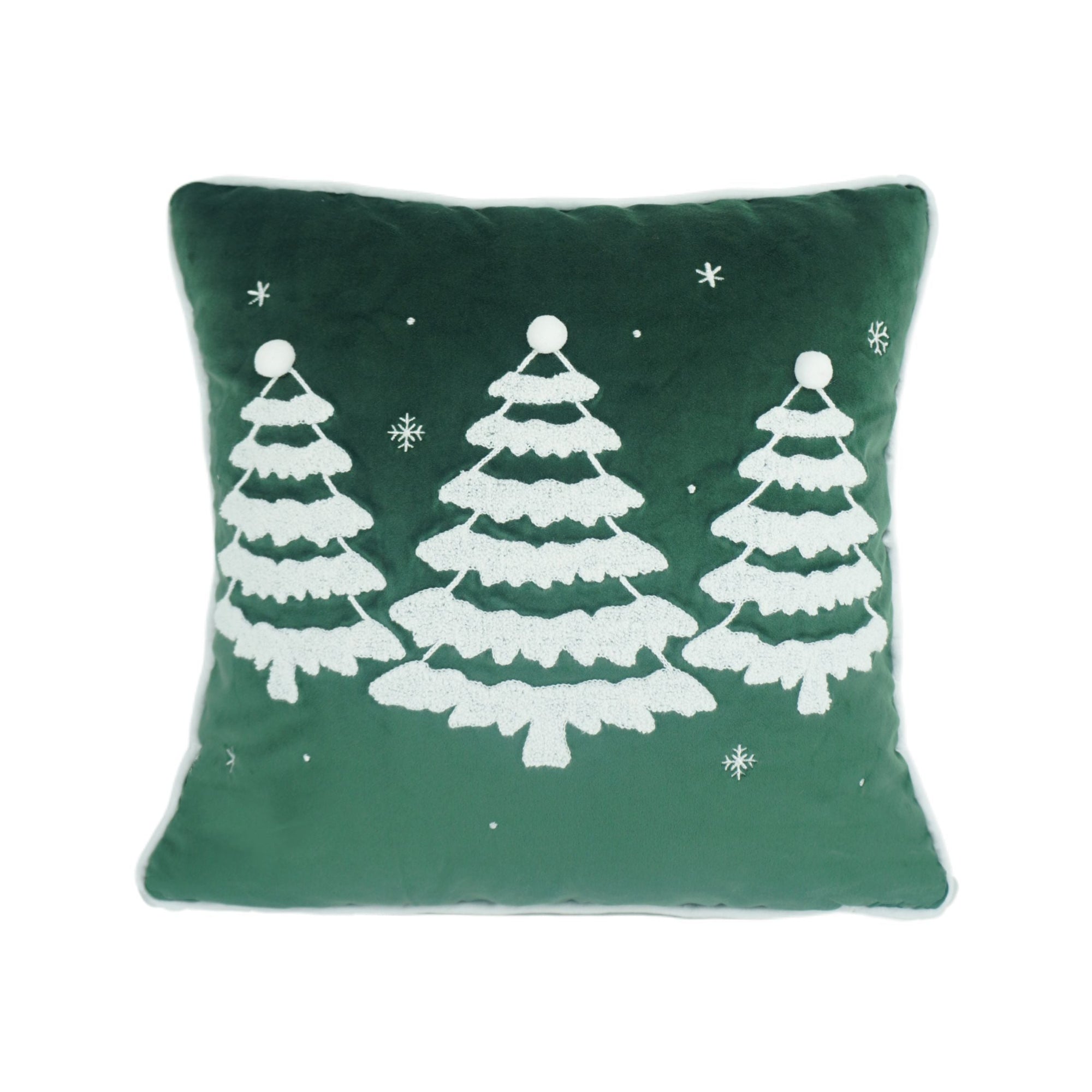 Dark green Christmas trees embroidered cushion cover with pompons