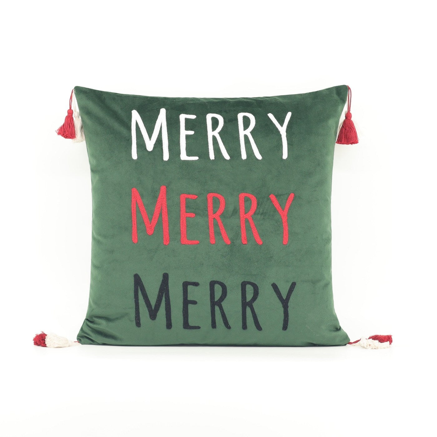 Green pillow with 'Merry Merry Merry' text on a white background
