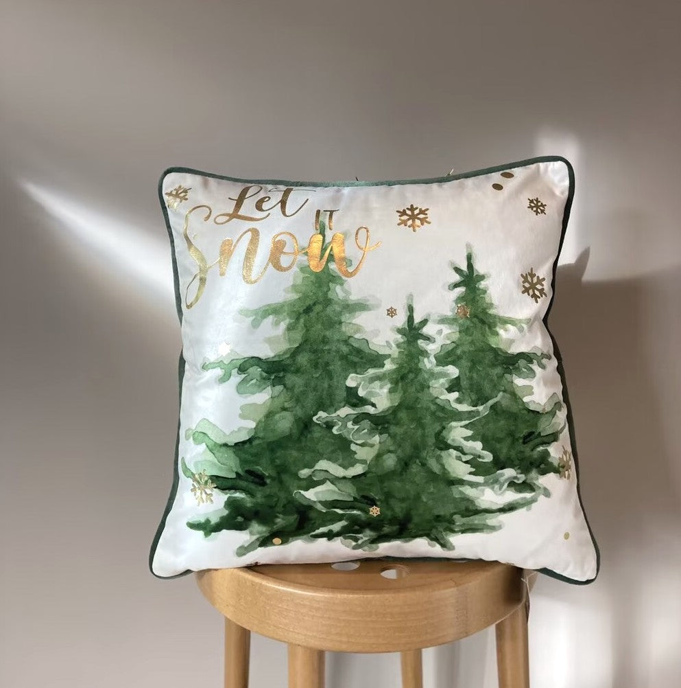 Let It Snow Green Christmas Trees Gold Foil Print Velvet Cushion