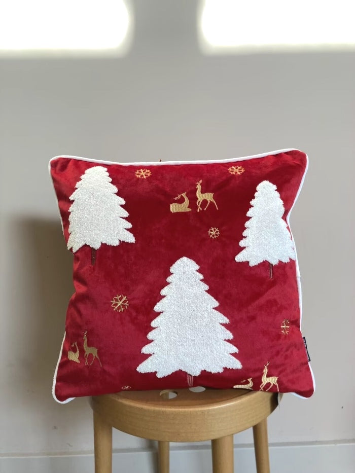 Red Christmas Trees Embroidered Cushion Cover