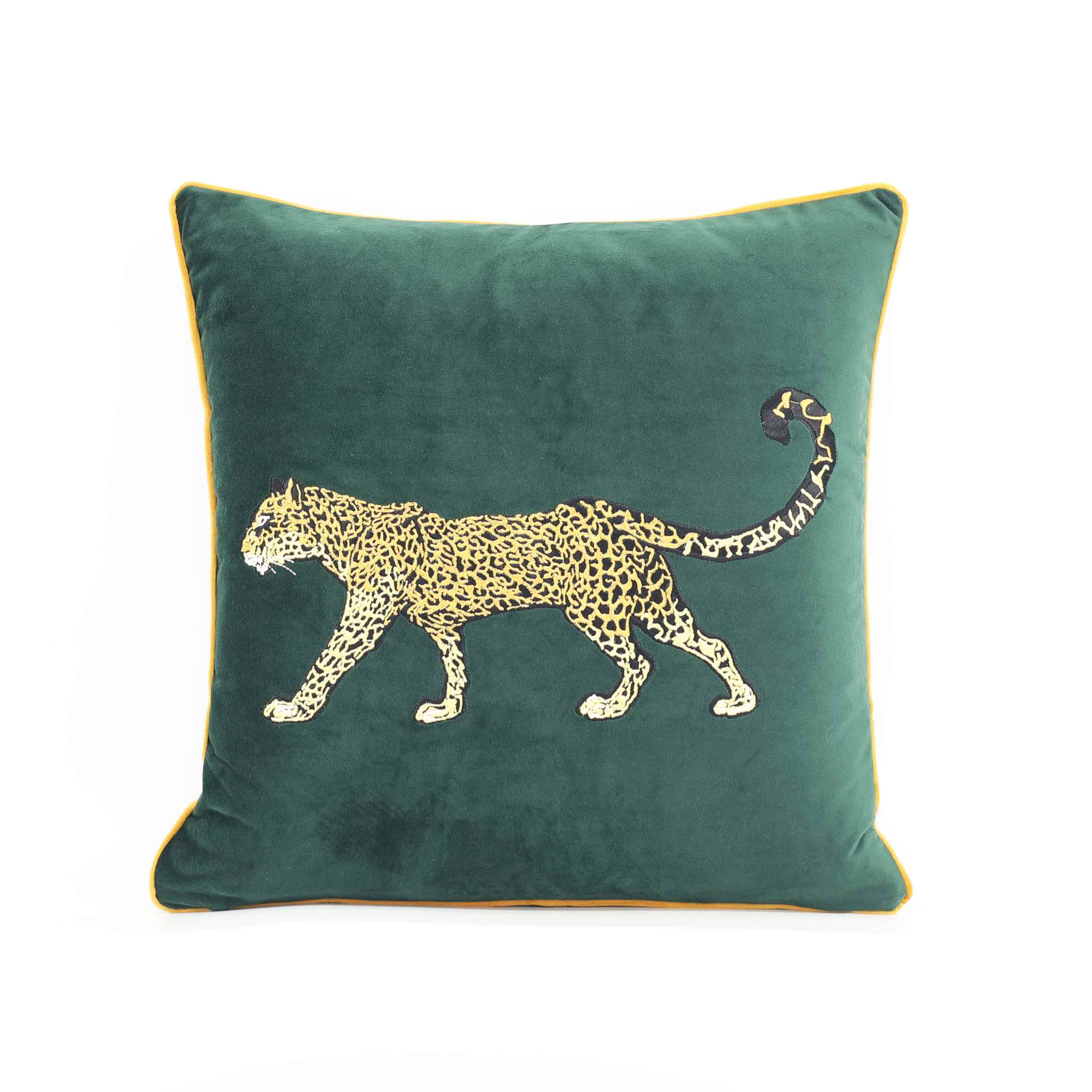 Emerald Velvet Leopard Cushion Cover with Gold Embroidery & Piping