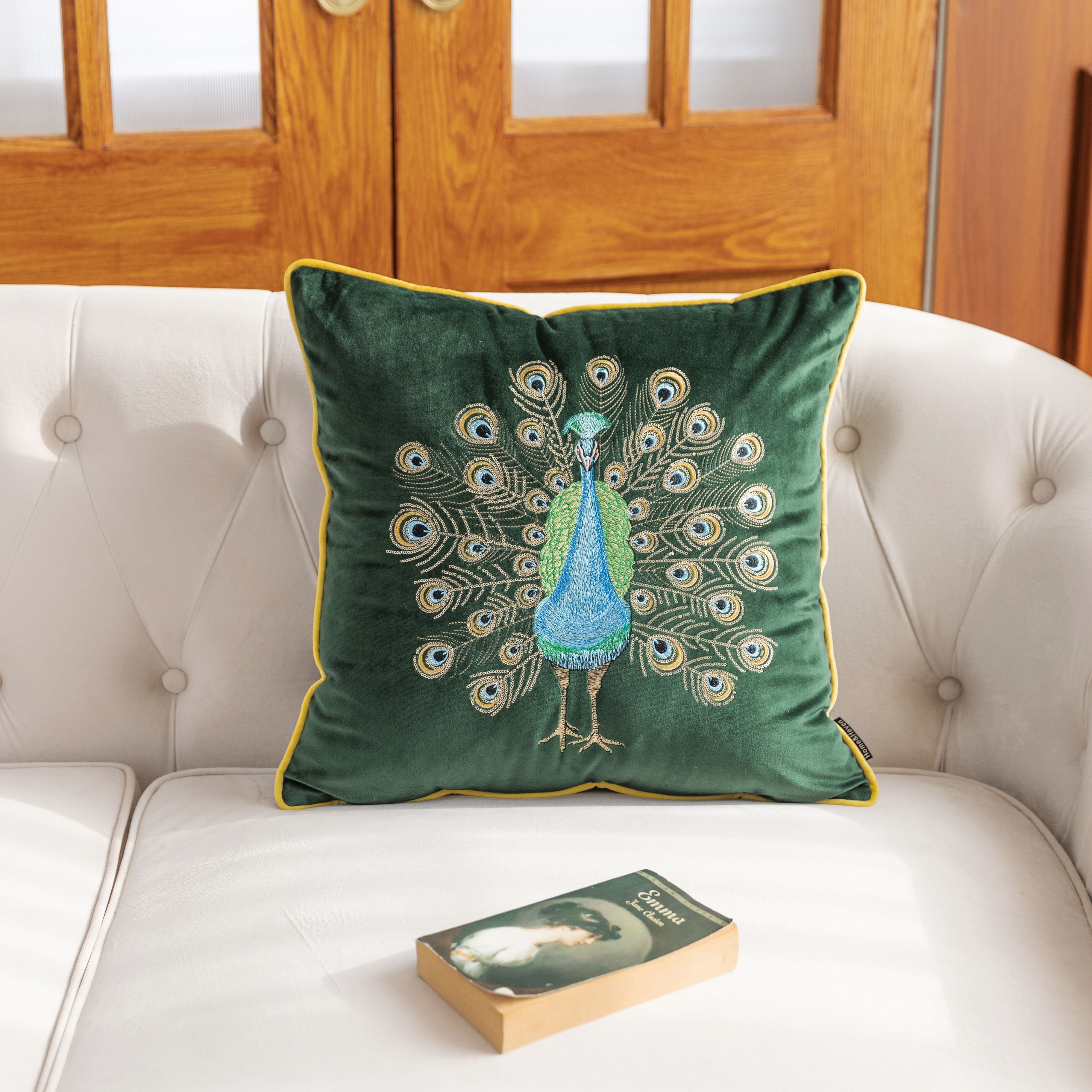 Dark green Peacock Embroidery Velvet Cushion Cover