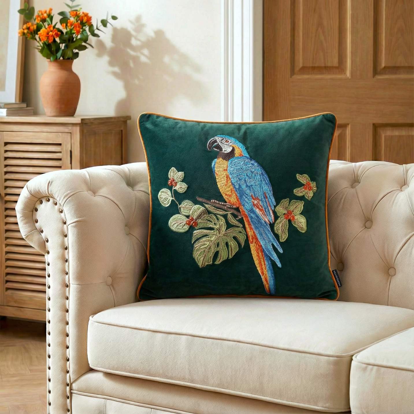 Parrot Embroidery Velvet Cushion Cover 45x45cm – Blue / Dark Green