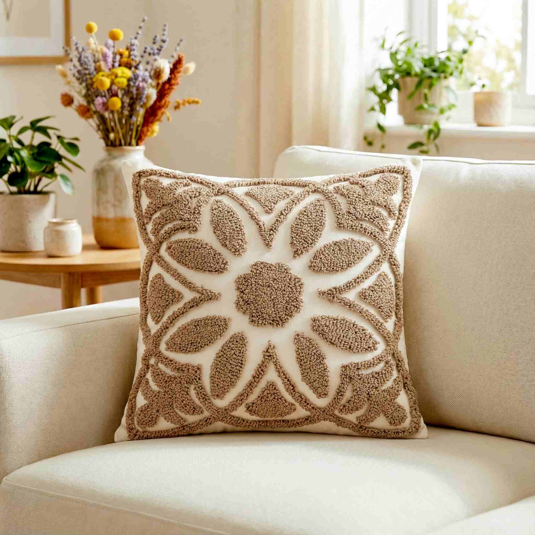 Geometric Tufted Embroidered Cushion – Natural Cotton Canvas Cushion Cover/Cushion