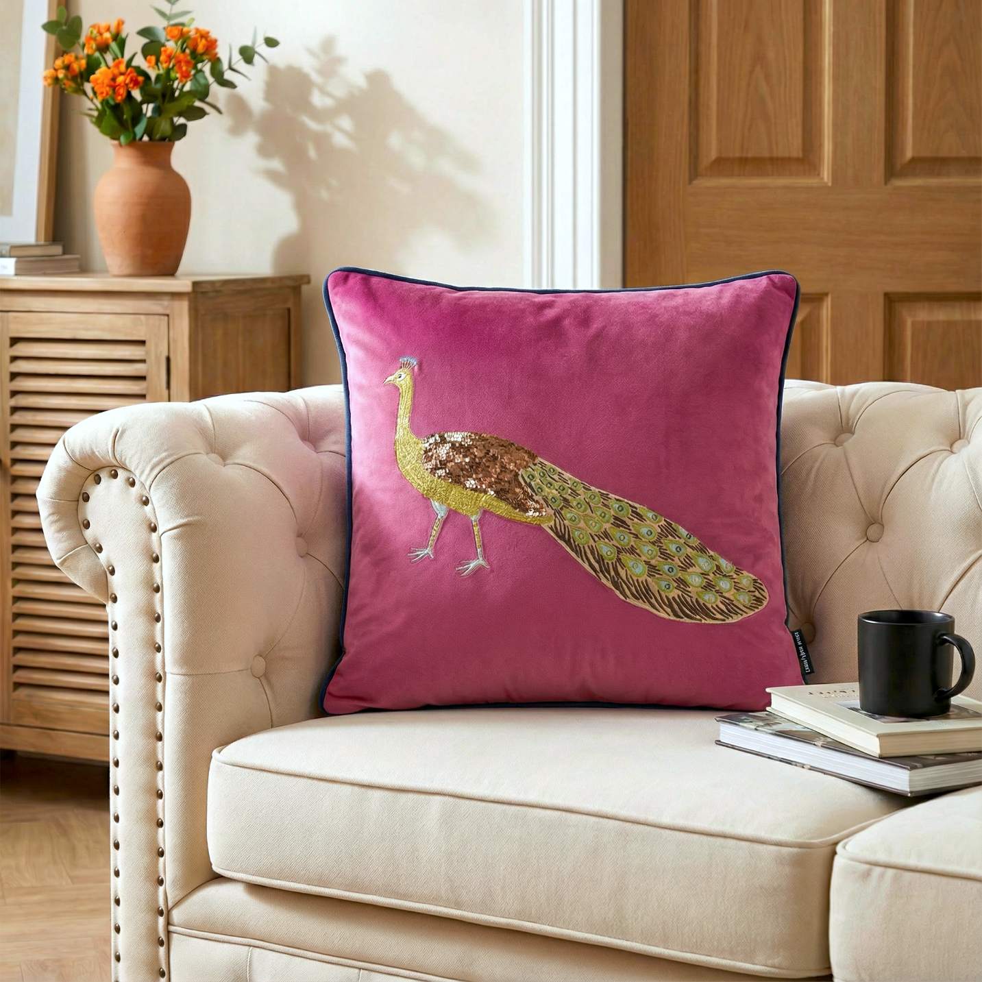 Pink Peacock Embroidered Velvet Cushion Cover – Gold Sequin Detailing & Piped Edge