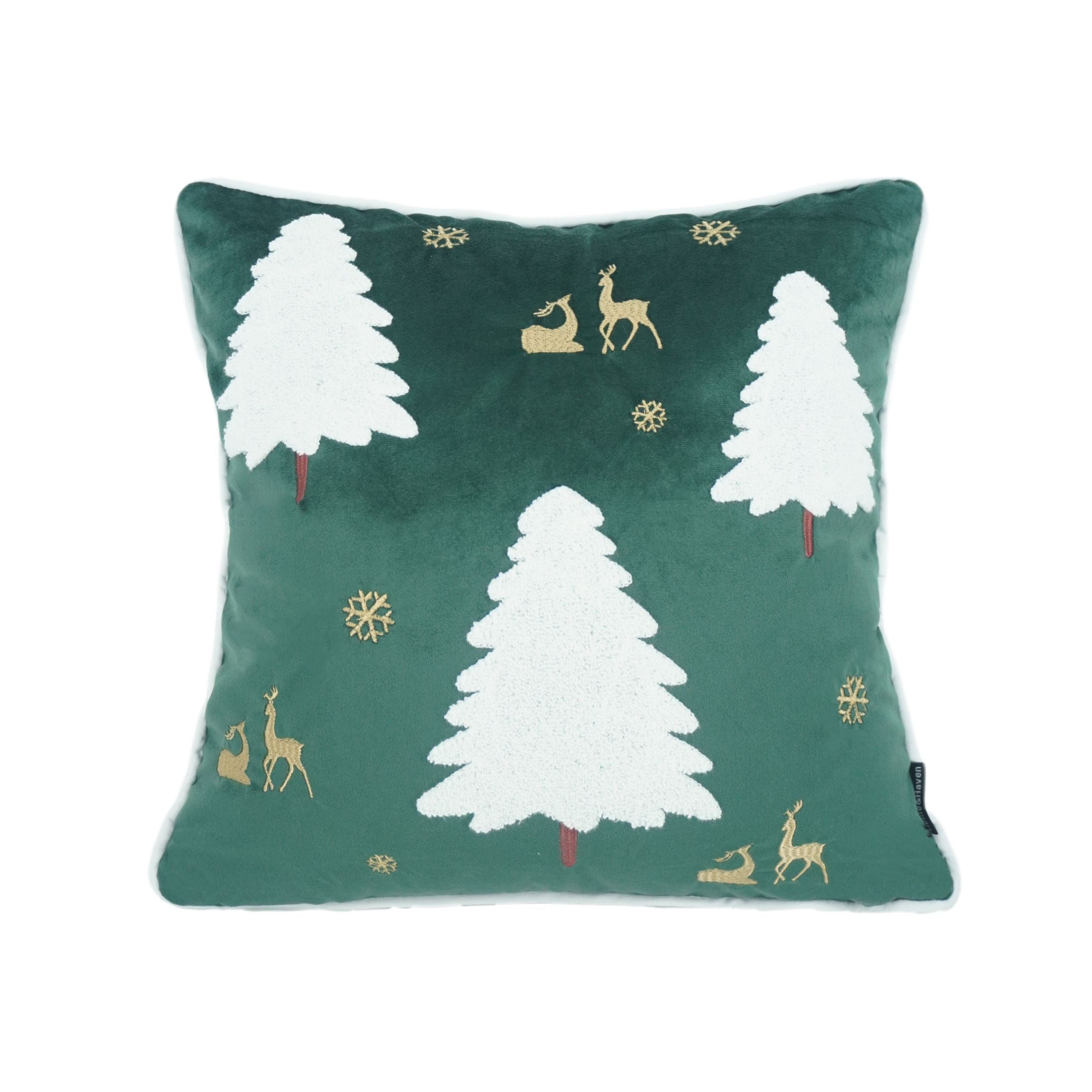 Dark Green Christmas Trees Embroidered Cushion