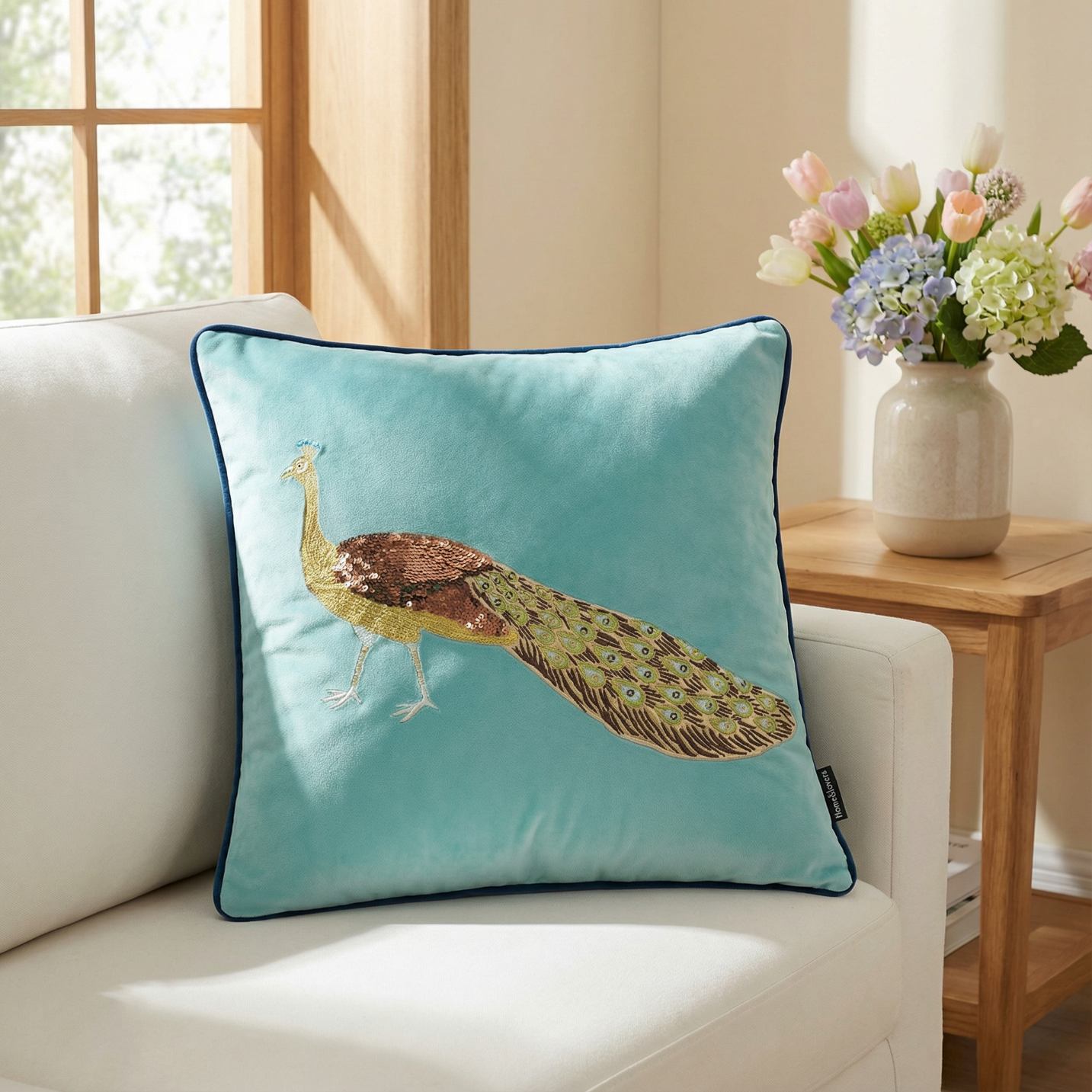 Blue Peacock Embroidery Velvet Cushion Cover