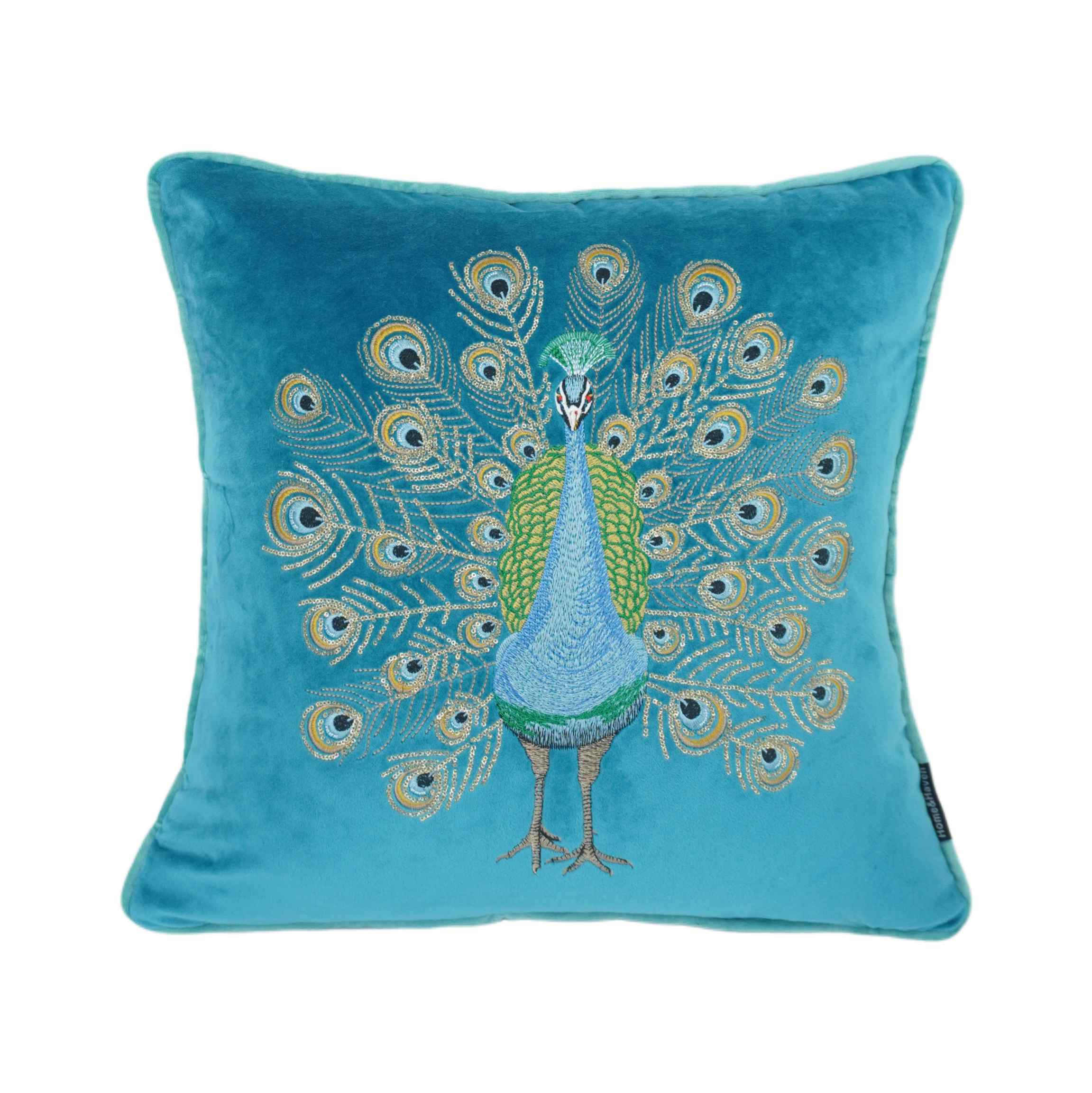 Blue Peacock Embroidery Velvet Cushion Cover