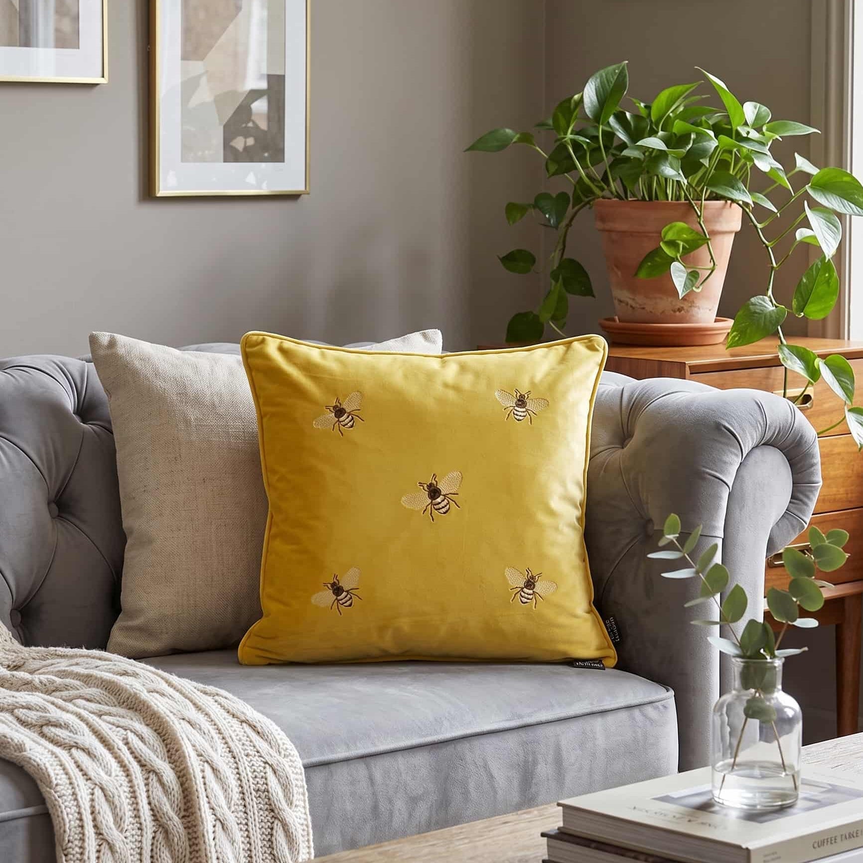 Yellow pillow with bee pattern on a gray sofa in a living room setting.