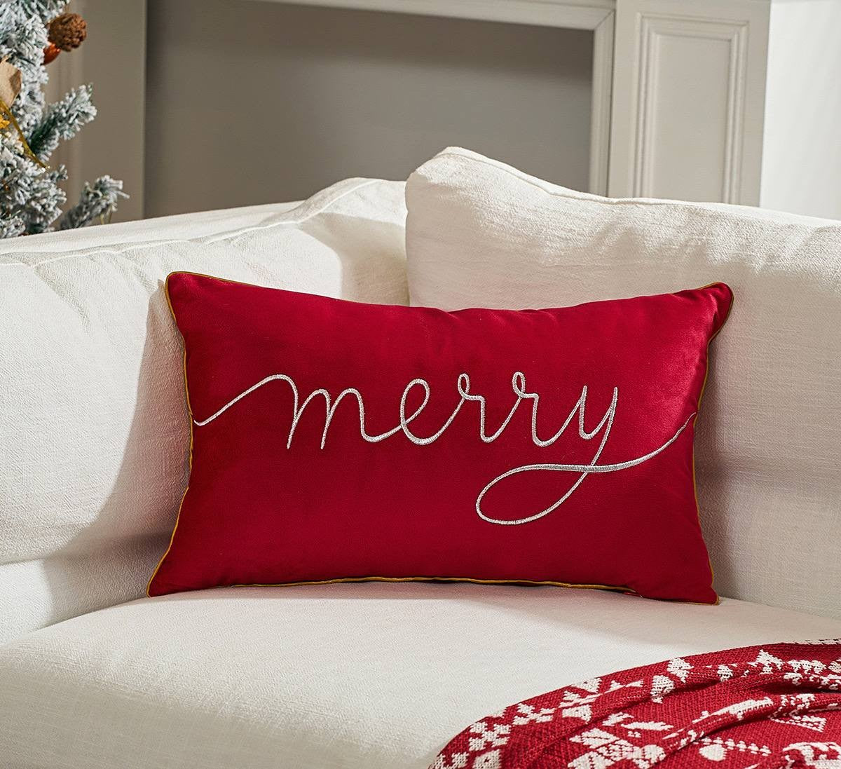 Christmas “Merry” Embroidered Velvet Cushion Cover