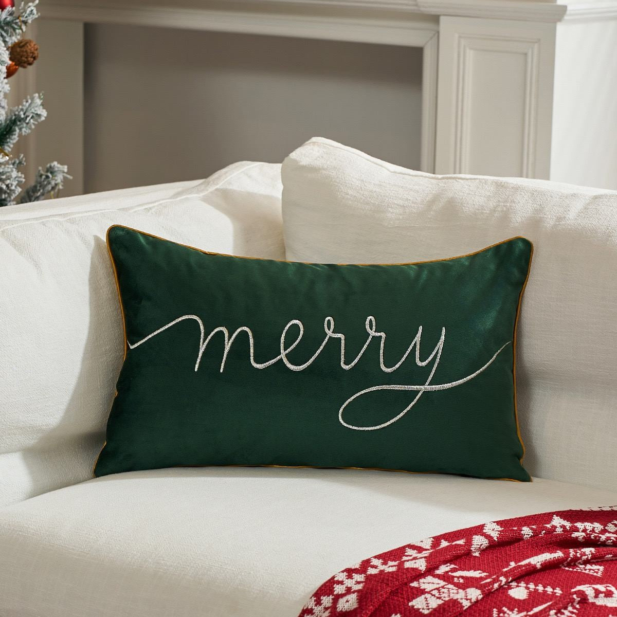 Christmas “Merry” Embroidered Velvet Cushion Cover
