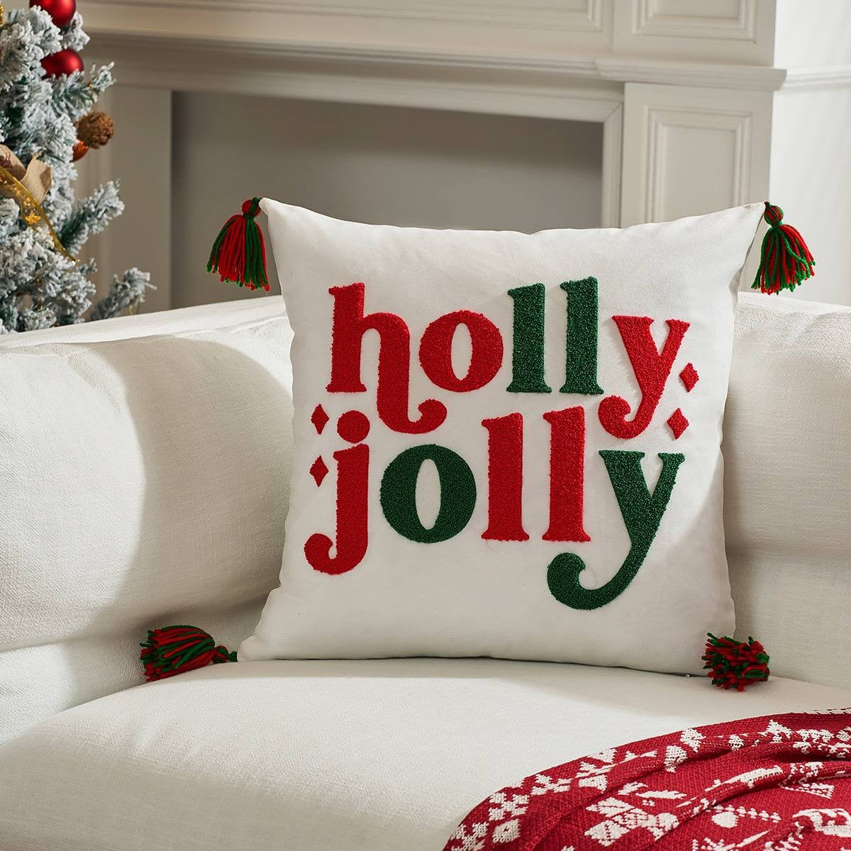 Christmas Embroidered Tassel Cushion Cover – Festive Velvet Decorative Pillow